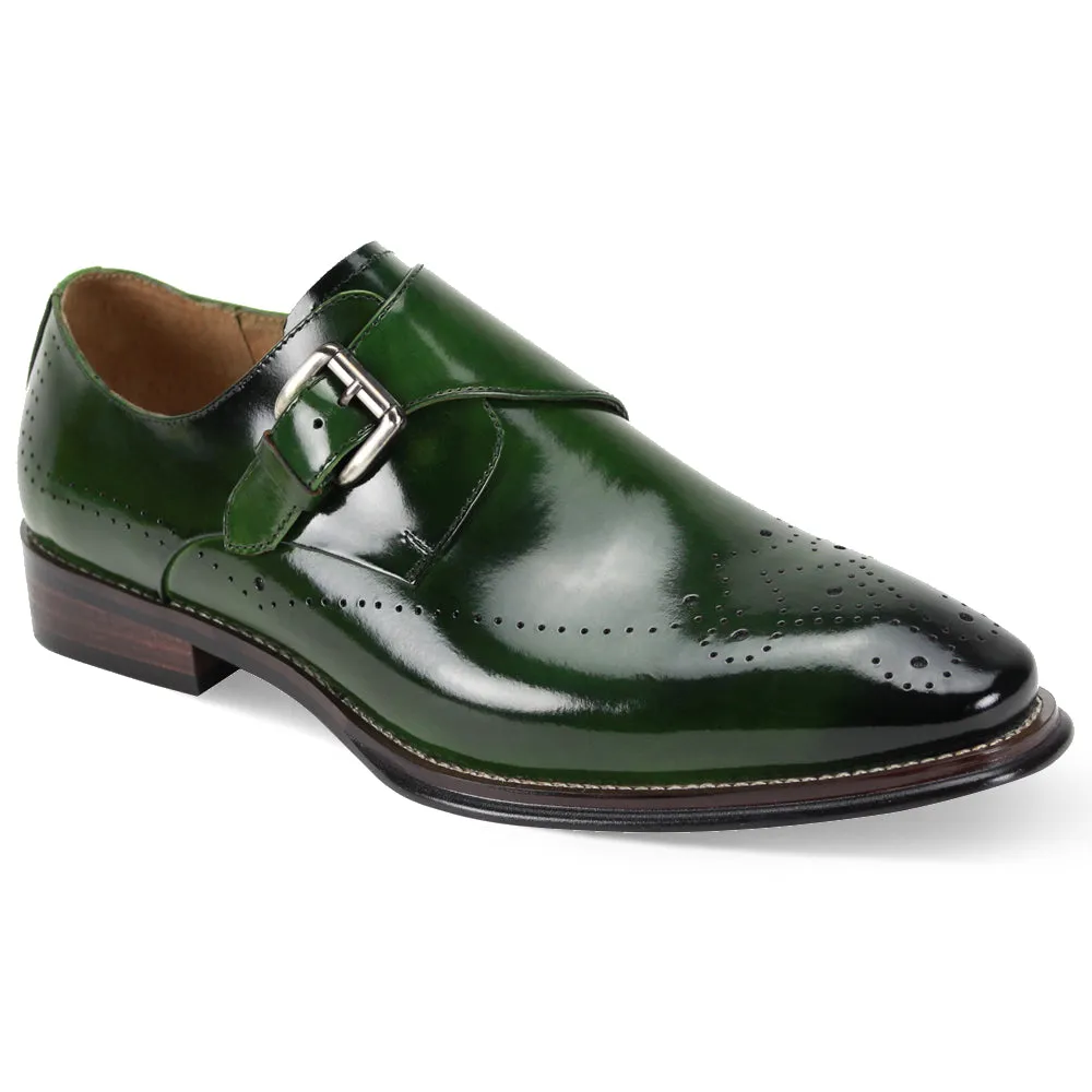 Monk Meridian Collection: Green Medallion Toe Single Monk Strap Shoes Smooth Inner Seams