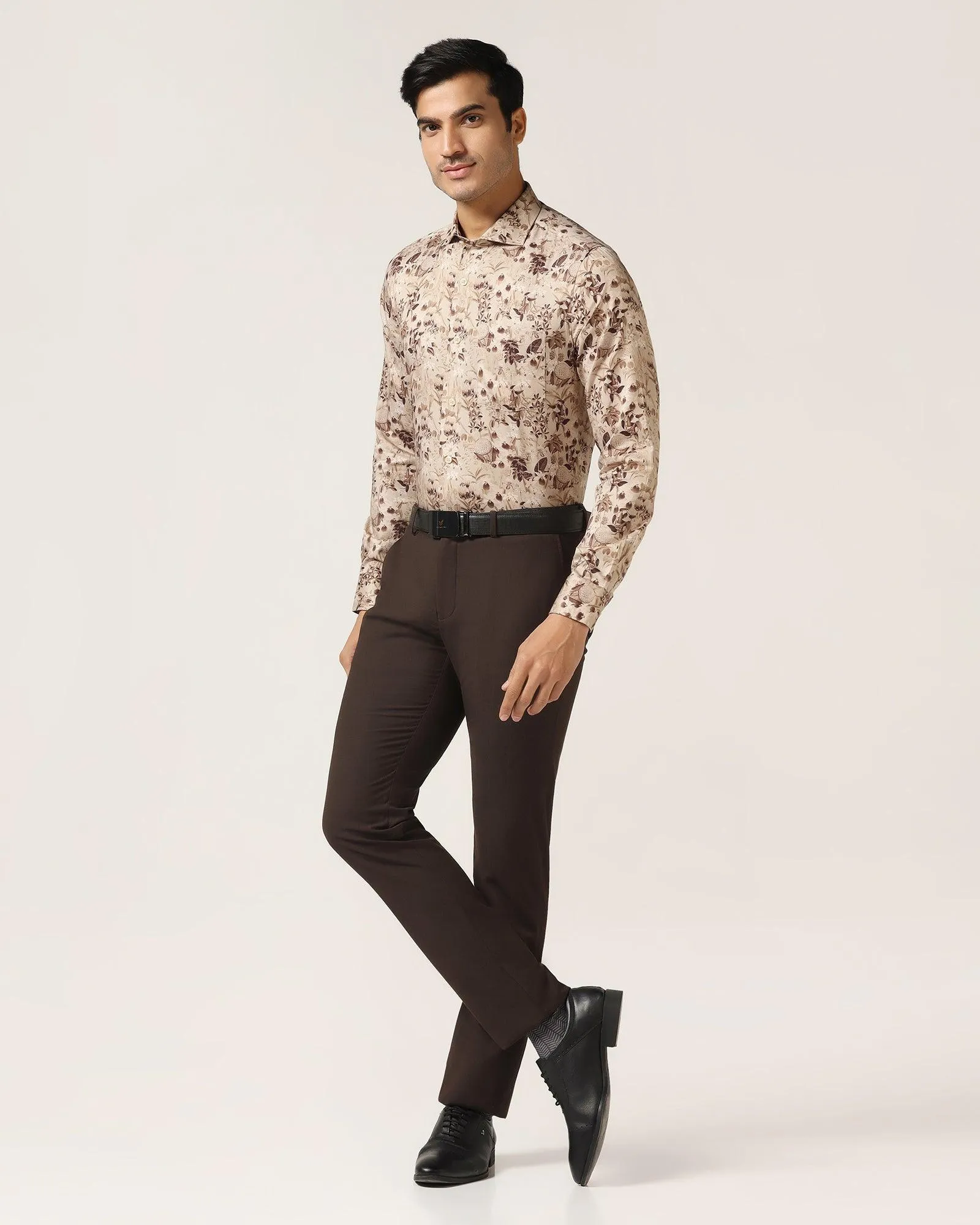 Formal Beige Printed Shirt - Fret high-low hem