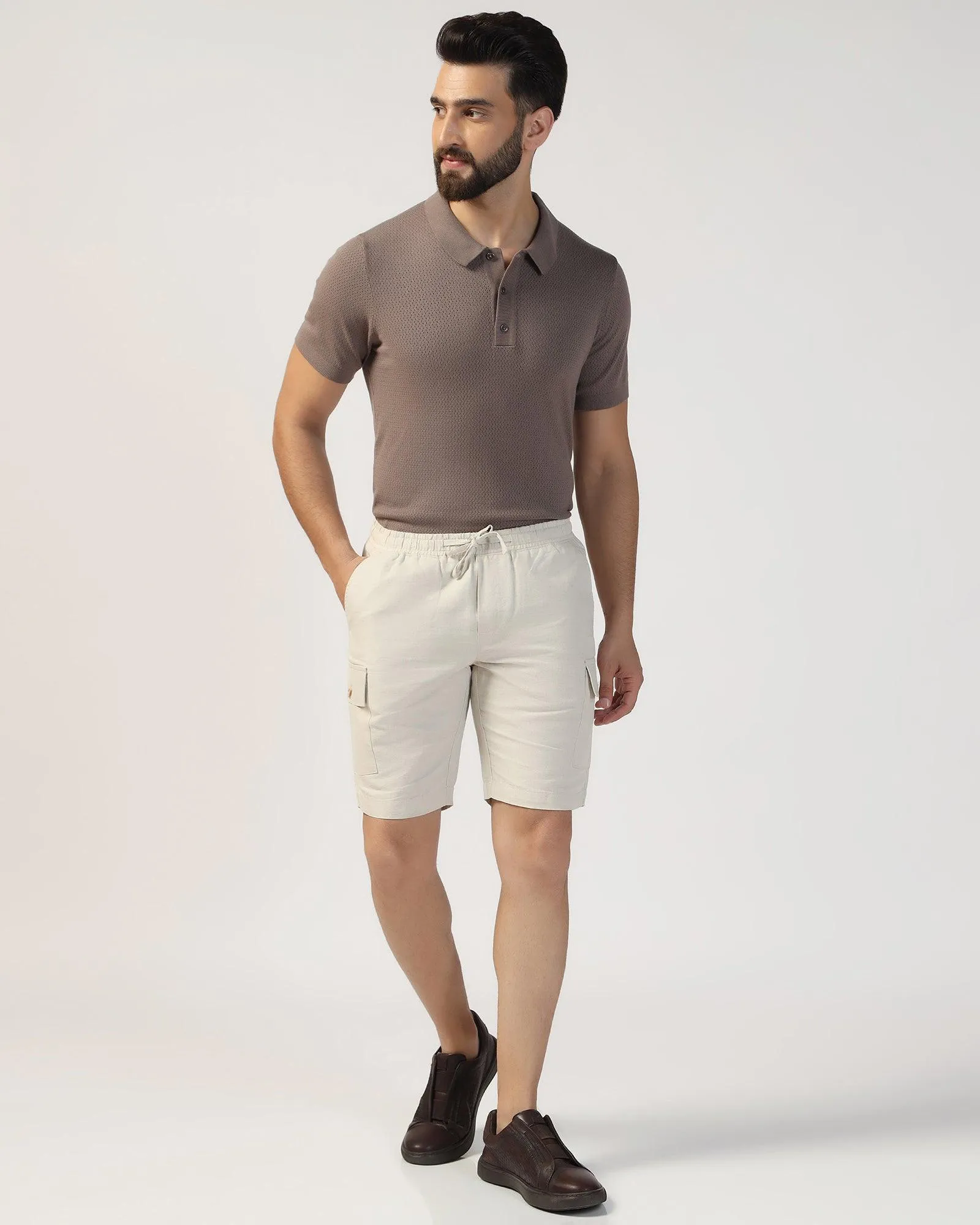 Sleek Fit Sporty Comfort Fit Linen Casual Natural Solid Shorts - Kin