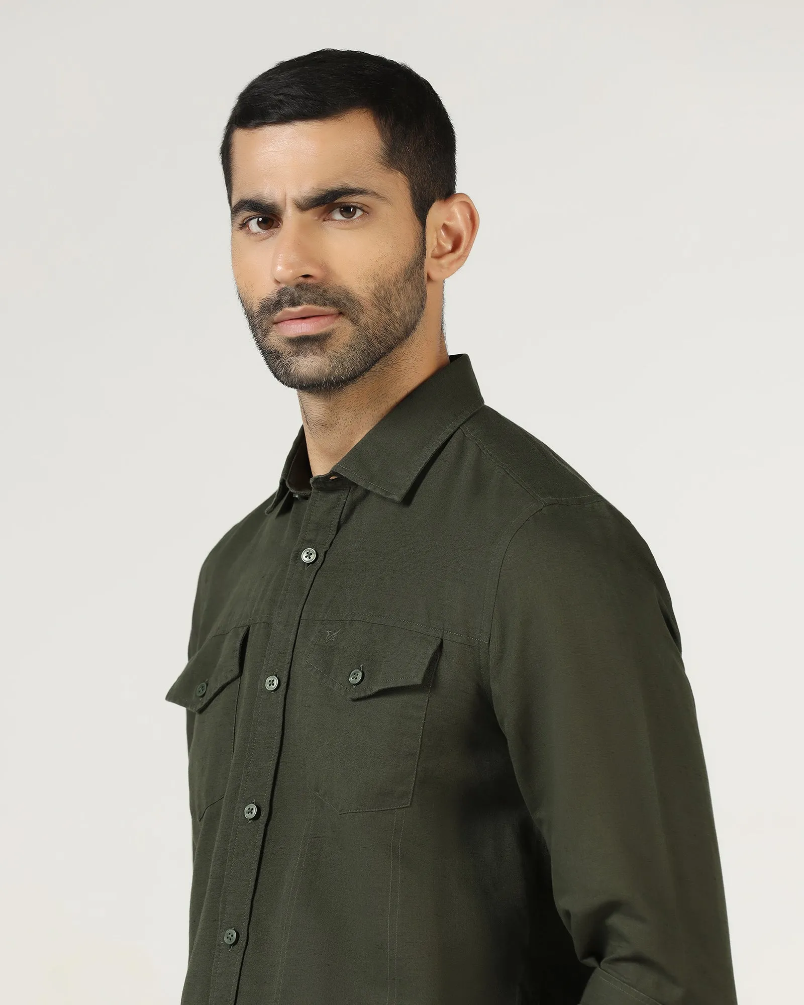 Unisex style Olive Linen Solid Shirt - Konrad