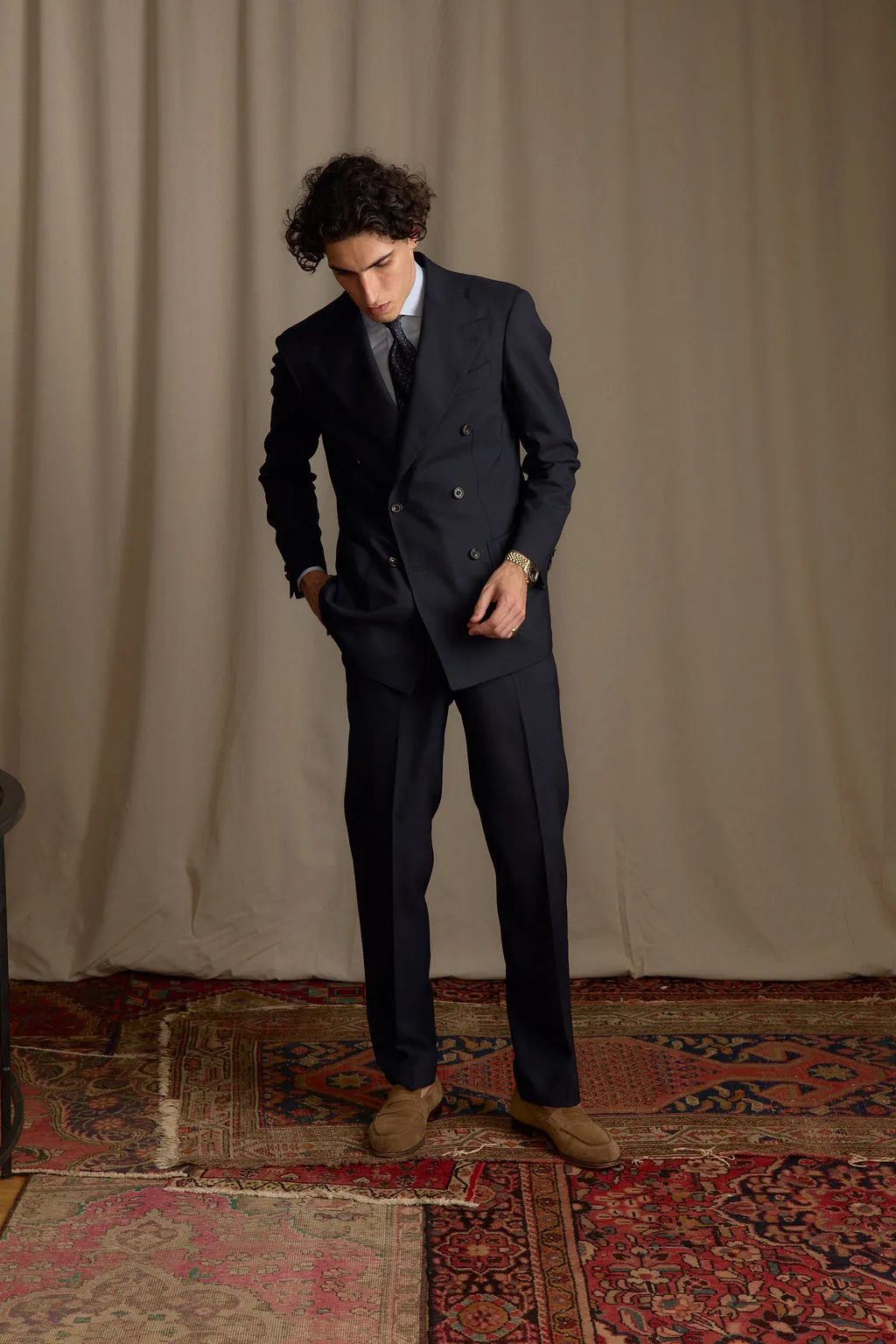 Navy High Twist Double Breasted Waverly Suit Neutral Tone