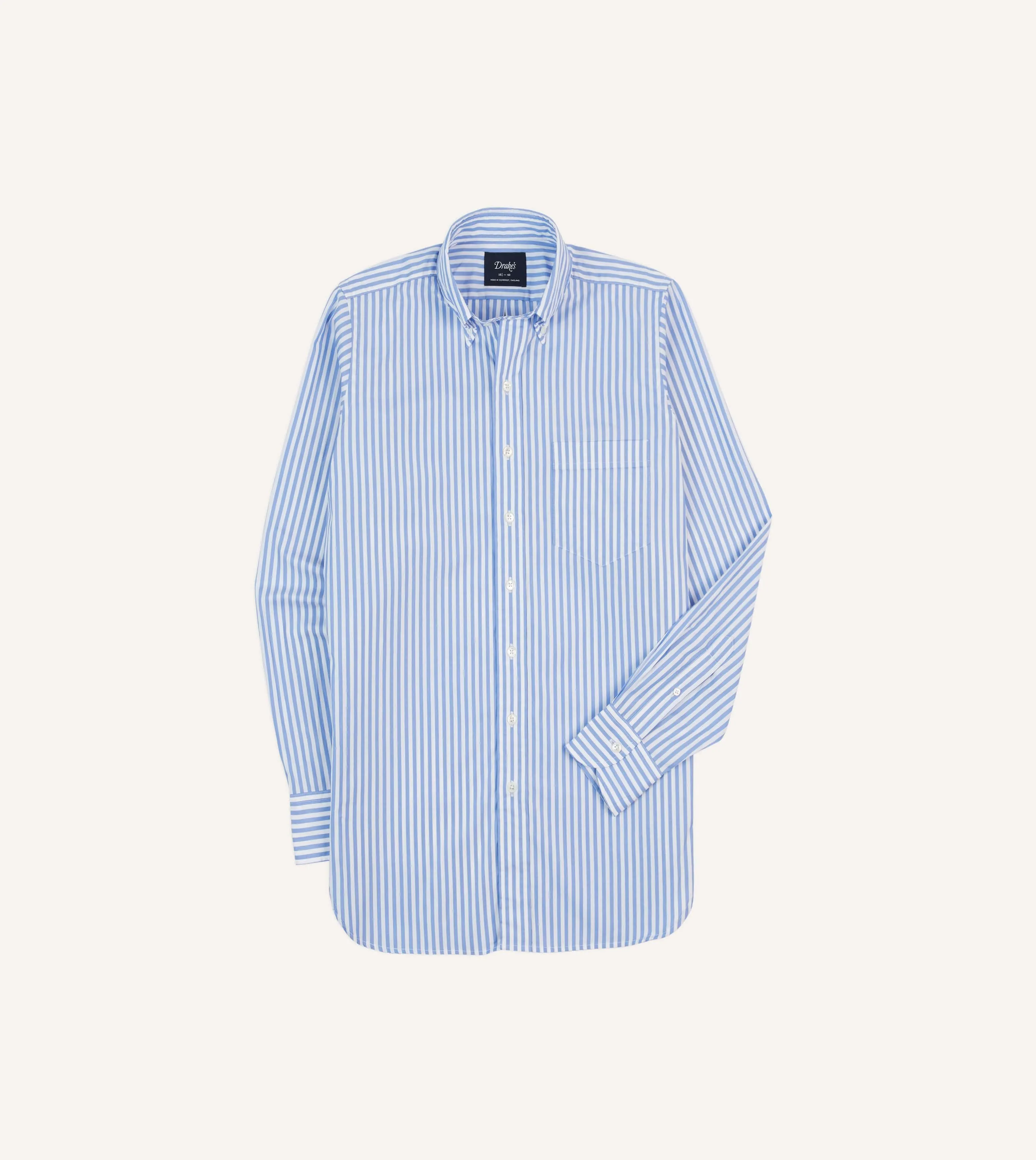 Blue Bengal Stripe Cotton Poplin Button-Down Shirt Ruffle Edge