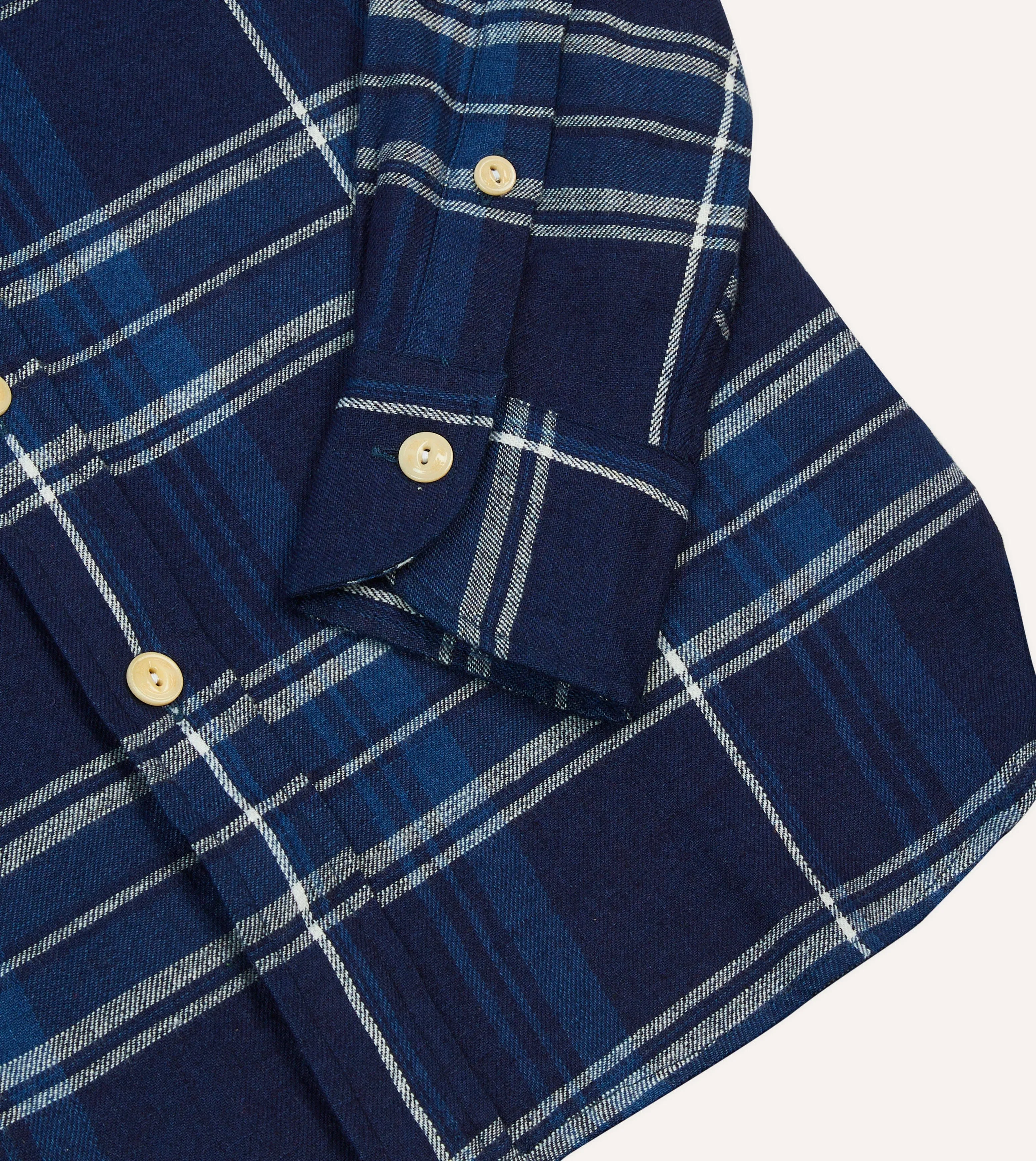 Blue Check Cotton Long Point Collar Work Shirt Hooded Option Unisex style