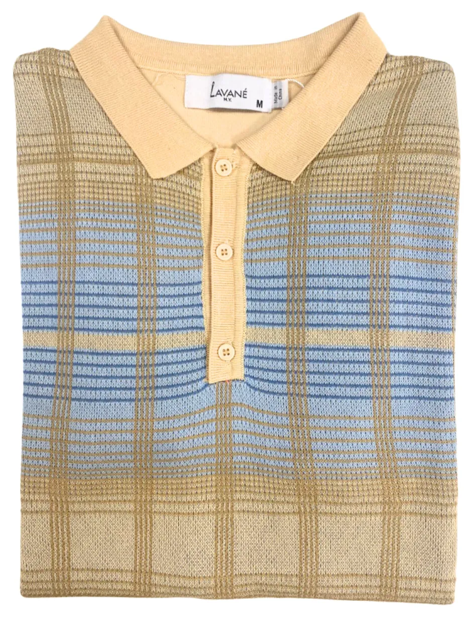 Tagless Neck Label Lavane Mens Tan Plaid Short Sleeve Knit Polo Casual Shirt