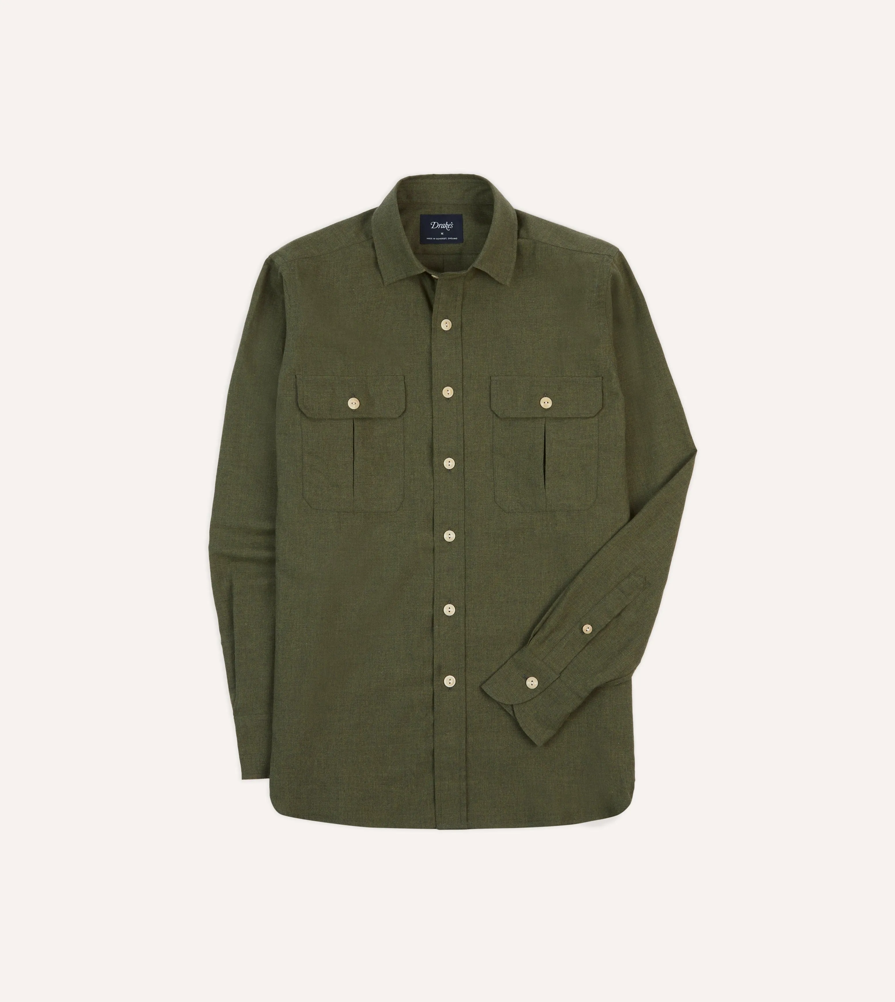 Matte Finish Checkered Look Khaki Green Cotton Flannel Two-Pocket Work Shirt