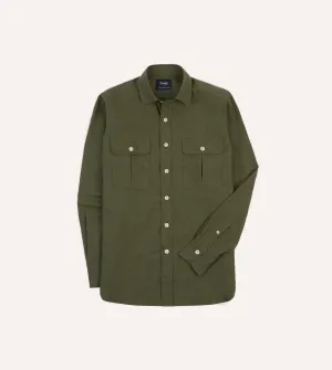 Matte Finish Checkered Look Khaki Green Cotton Flannel Two-Pocket Work Shirt