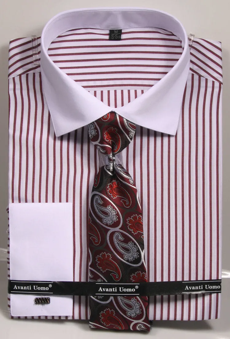 Avanti Uomo French Cuff Dress Shirt DNS02 Burgundy (Slim Fit) Friends Meetup Bold Pattern
