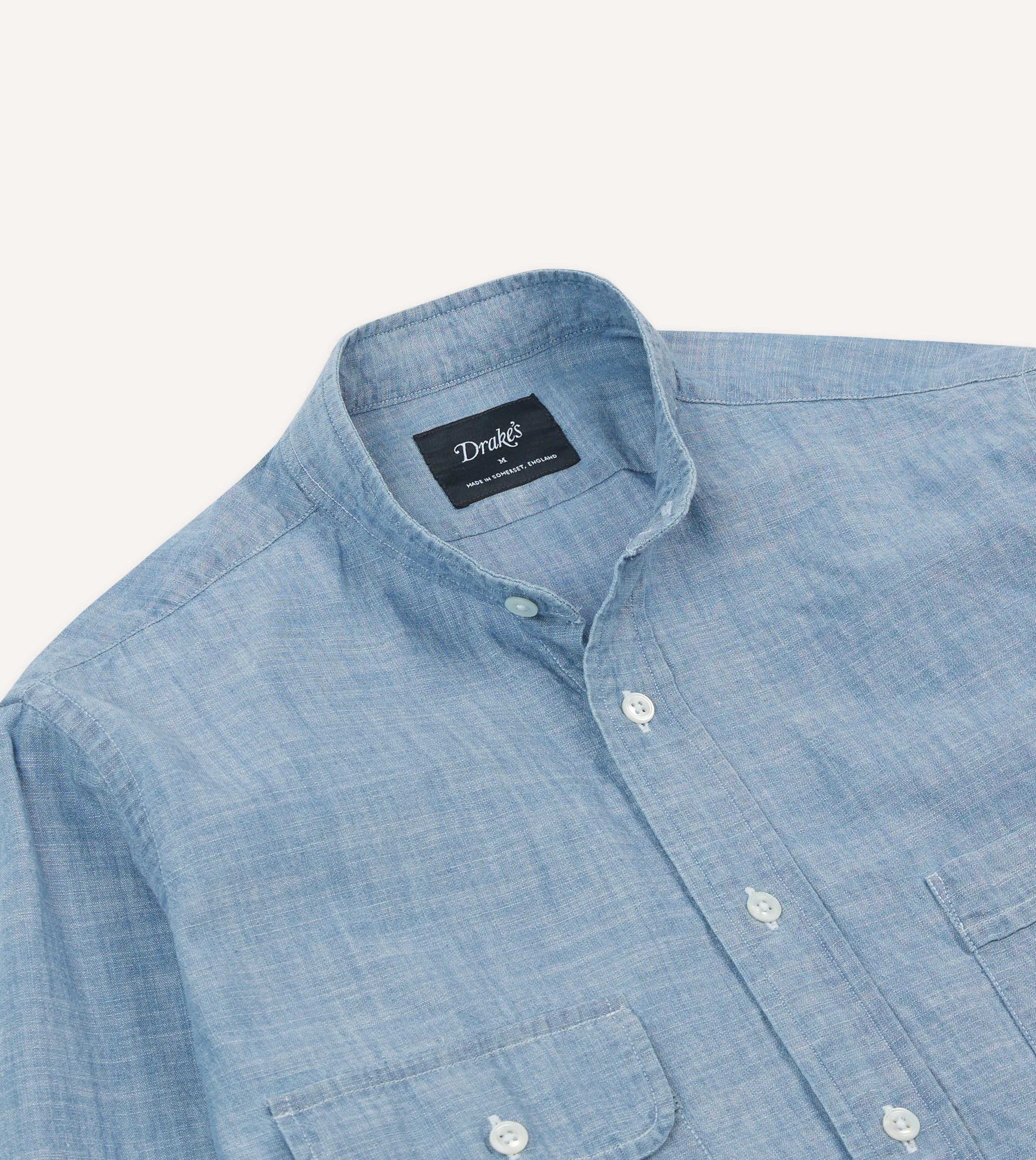 Waffle Weave Chambray Cotton Mandarin Collar Shirt