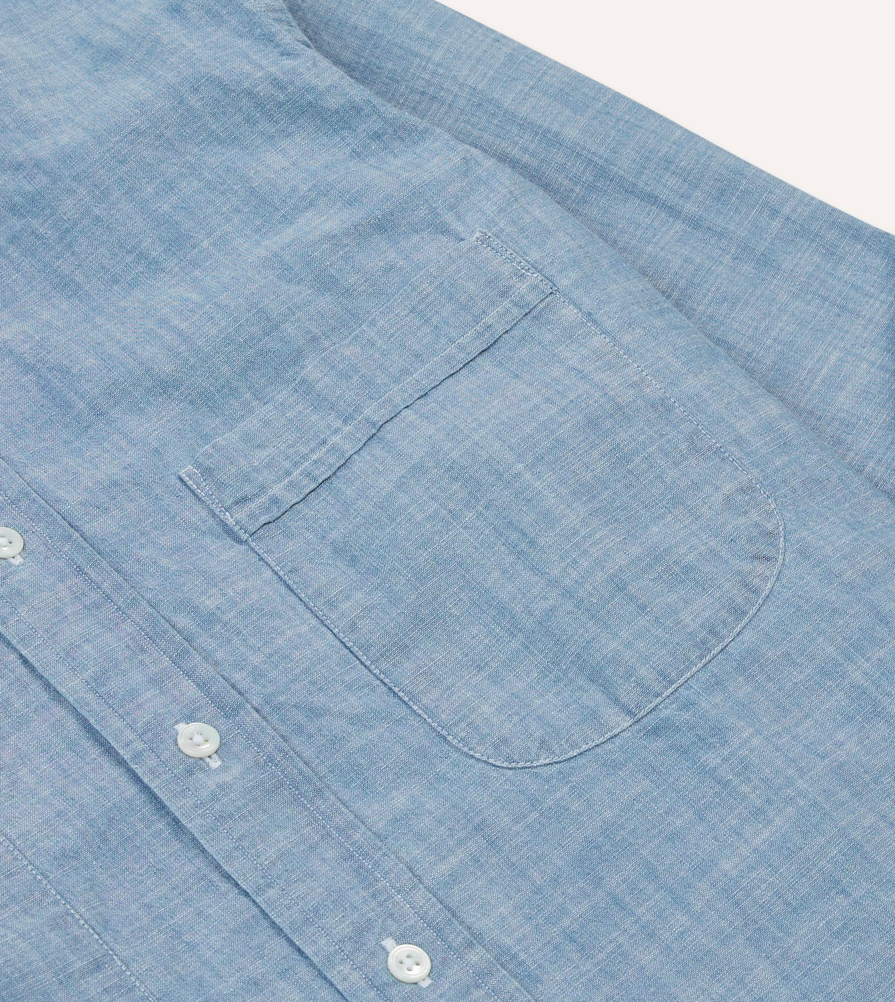 Chambray Cotton Mandarin Collar Shirt Geometric Pattern