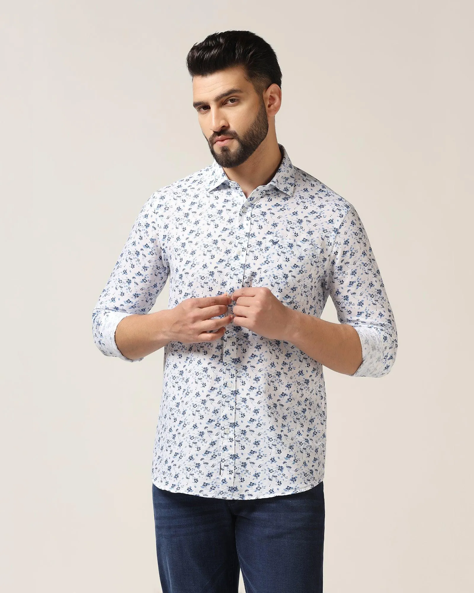 Holiday Outfit Pastel Shade Linen Casual White Printed Shirt - Nigel