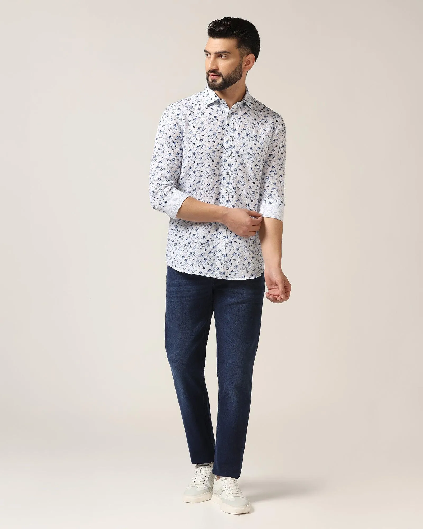 Tuckable Hem Sophisticated Style Linen Casual White Printed Shirt - Nigel