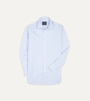 Sky Blue and White Bengal Stripe Spread Collar Cotton Poplin Shirt Multipocket Style No Chafe Edging