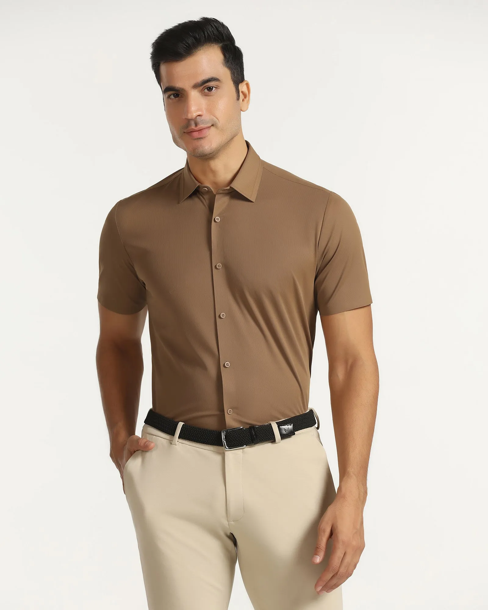 Casual Elegance Adjustable Cuffs Durable Weave TechPro Formal Half Sleeve Ochre Textured Shirt - Karabi