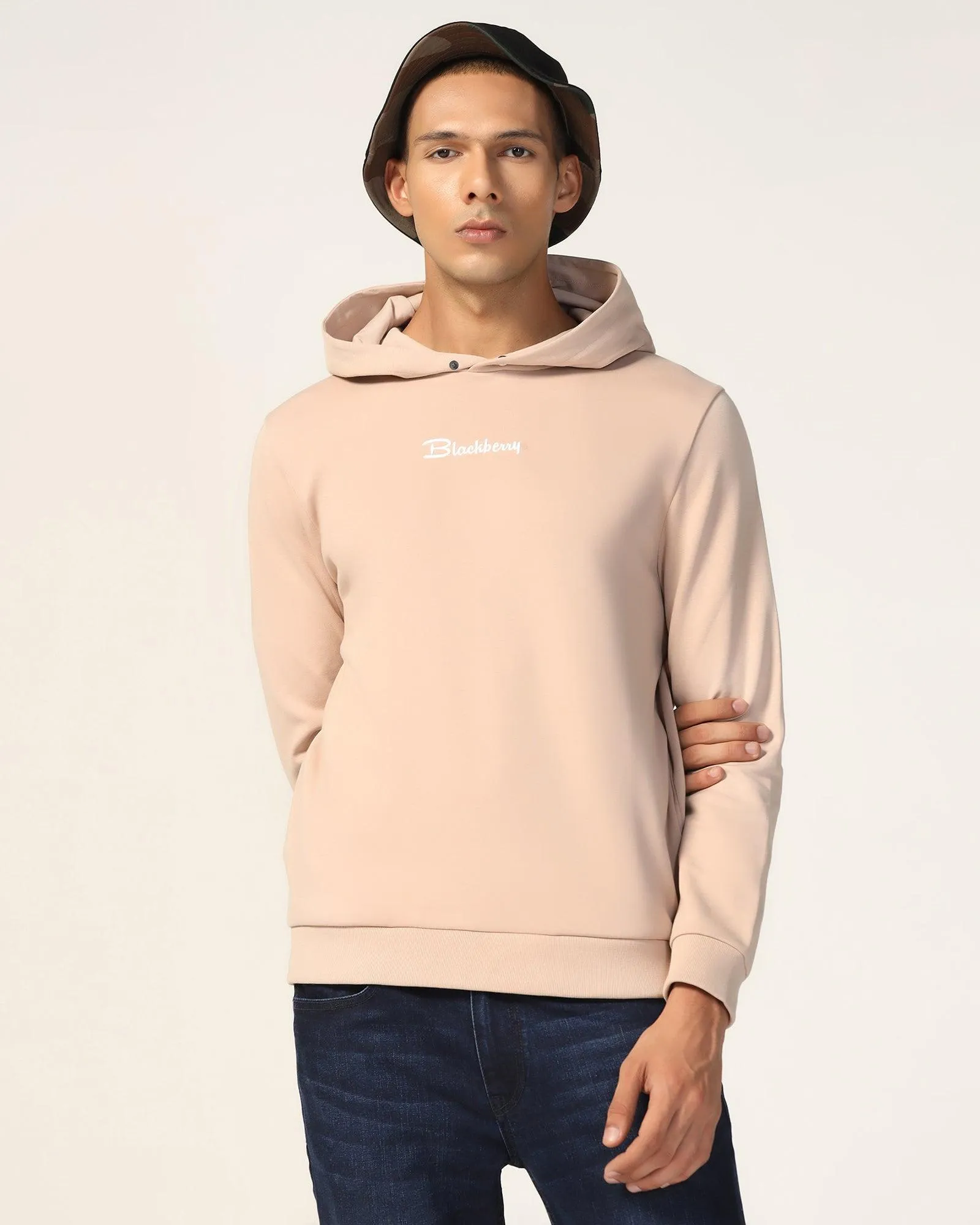 Foldable Hem Hoodie Beige Solid Sweatshirt - Snape