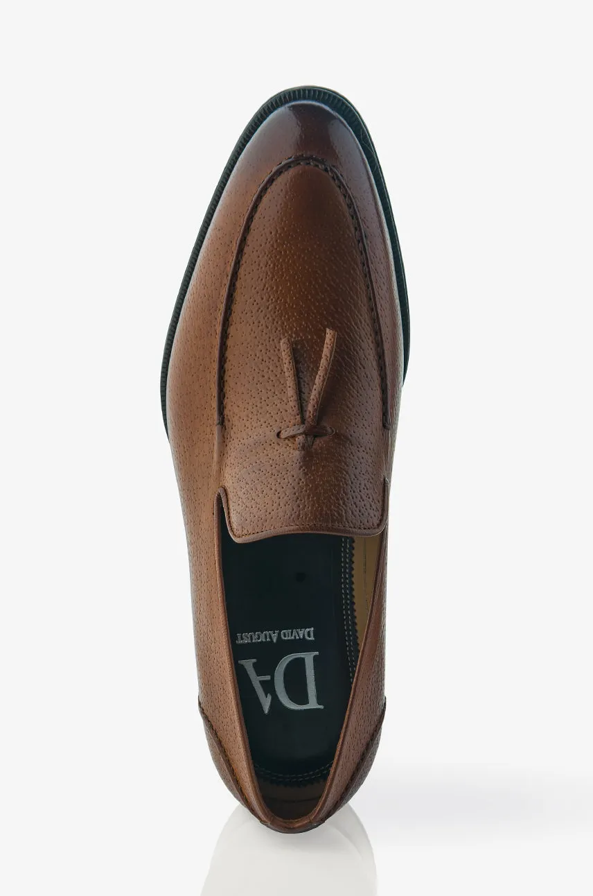 David August Pebble Grain Leather Belgian Loafer in Peccary Tobacco Cushioned Base Health Focused