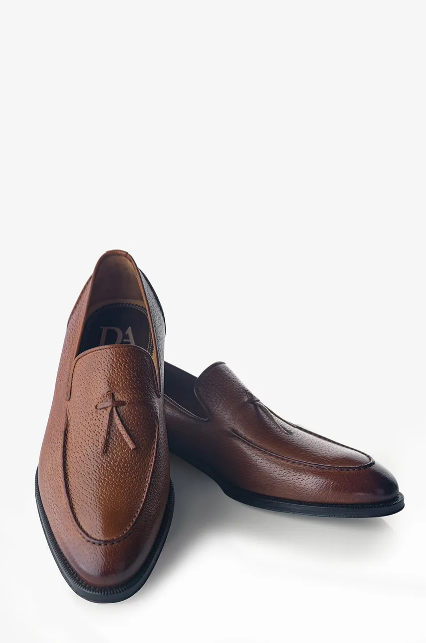 Step Tall David August Pebble Grain Leather Belgian Loafer in Peccary Tobacco