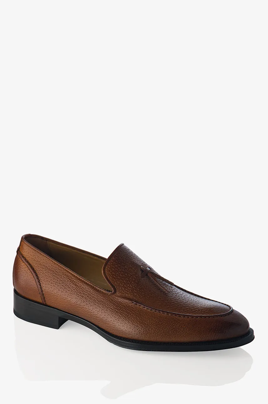 Non Slip Tread Pattern Autumn Tone David August Pebble Grain Leather Belgian Loafer in Peccary Tobacco