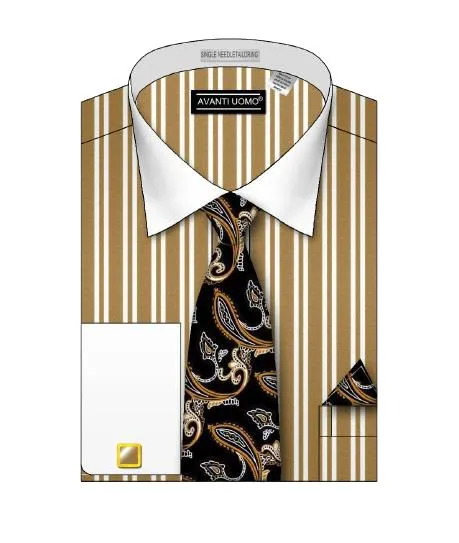 AVANTI UOMO DOUBLE STRIPED WHITE COLLAR DS3823P2 BEIGE Floral Motif