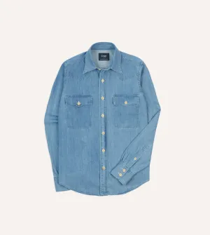 Bleach Wash Denim Two-Pocket Western Shirt Eye-Catching Pattern