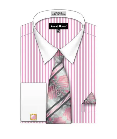AVANTI UOMO STRIPED PATTERN WHITE COLLAR CUFF SHIRT DN126M PINK Printed design color block