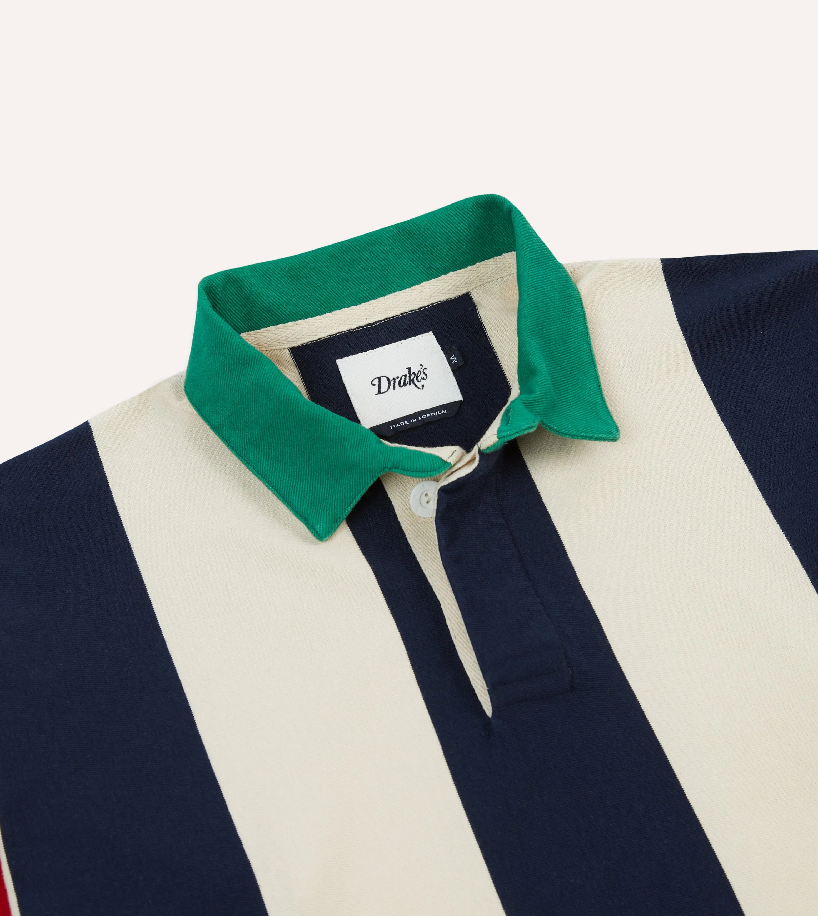 Hidden Placket Navy, Red and Ecru Vertical Block Stripe Cotton Rugby Shirt
