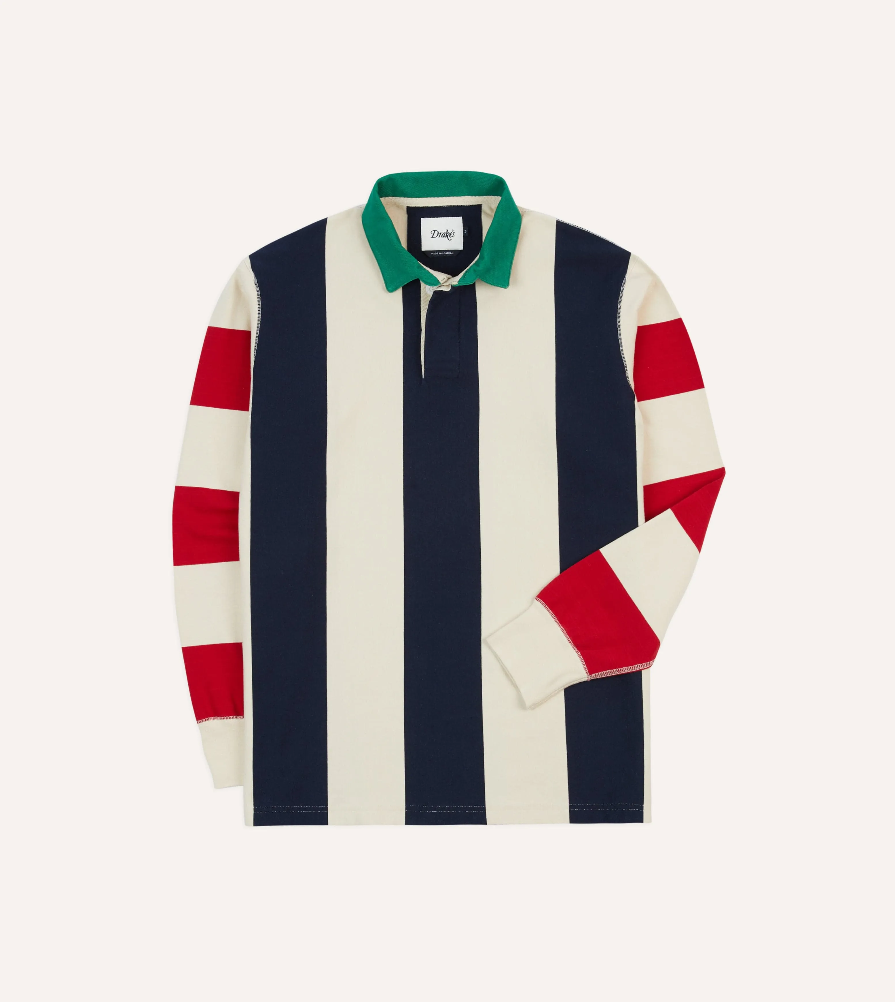 Navy, Red and Ecru Vertical Block Stripe Cotton Rugby Shirt Embellished Neckline