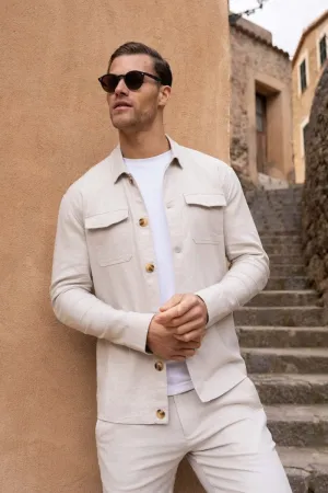 Solid Hue Neutral Colors Linen Blend Pocket Overshirt in Stone