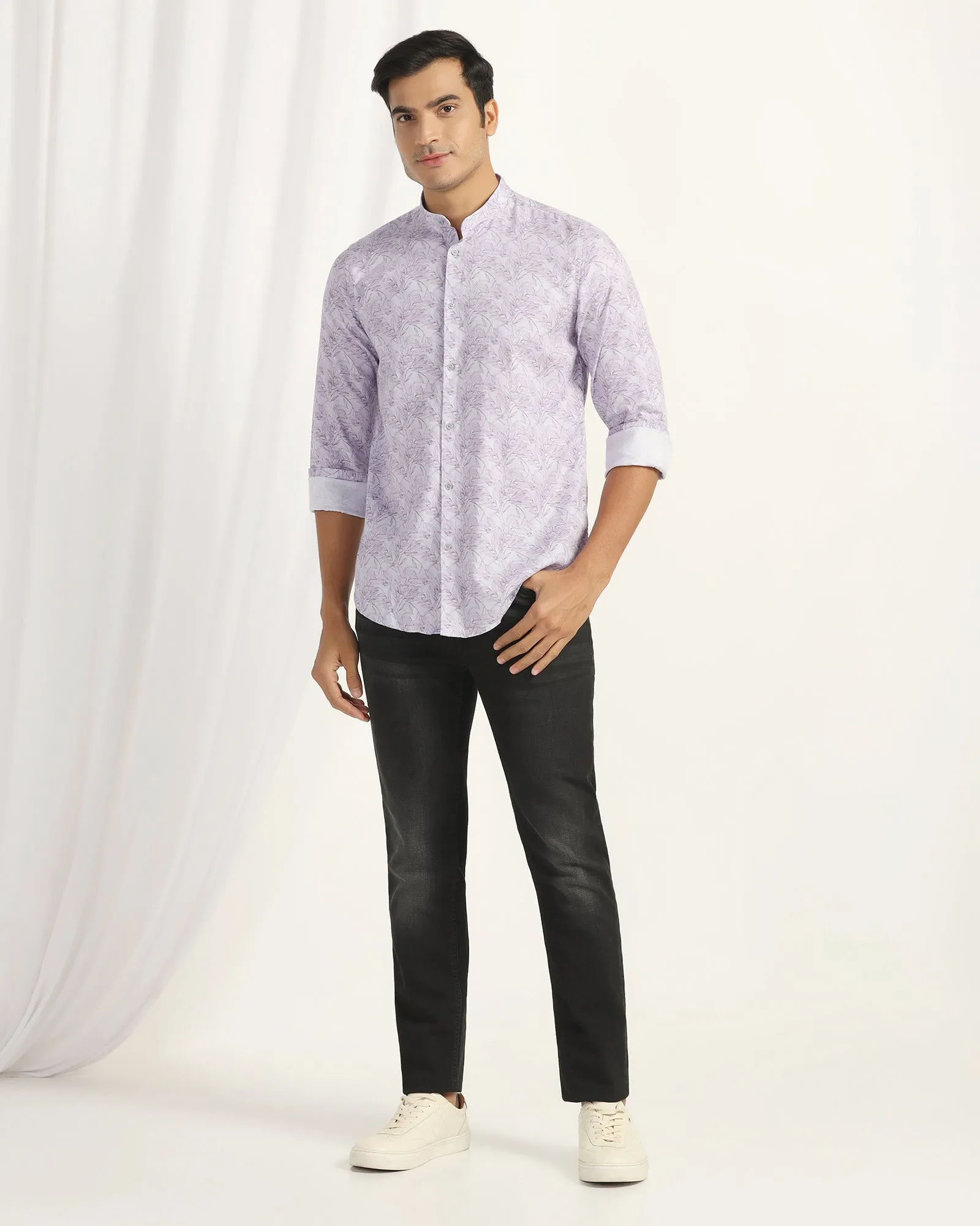 Roll-Up Sleeve Casual Grey Printed Shirt - Tanli