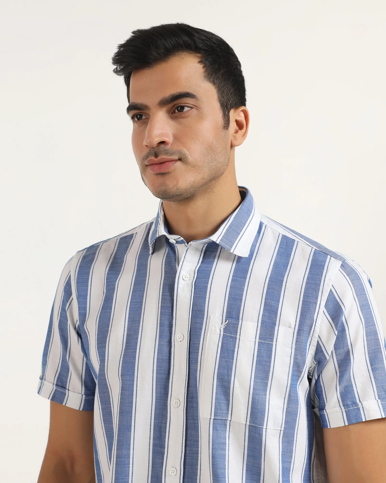 Pocket Detail Lightweight texture Casual Half Sleeve Navy Stripe Shirt - Delmor