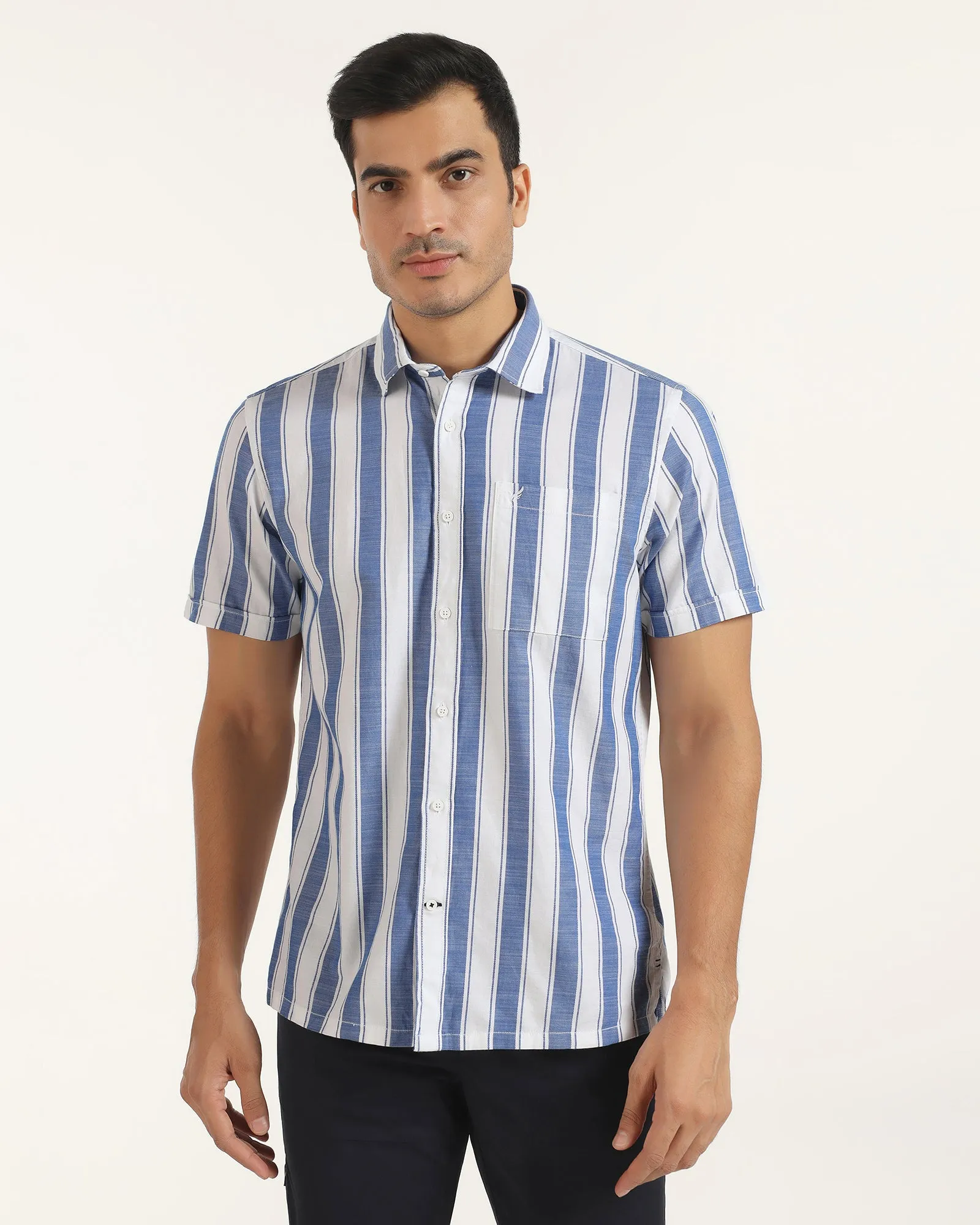 Graduation Attire Multipurpose Layering Fabric Casual Half Sleeve Navy Stripe Shirt - Delmor