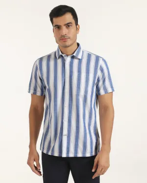Graduation Attire Multipurpose Layering Fabric Casual Half Sleeve Navy Stripe Shirt - Delmor