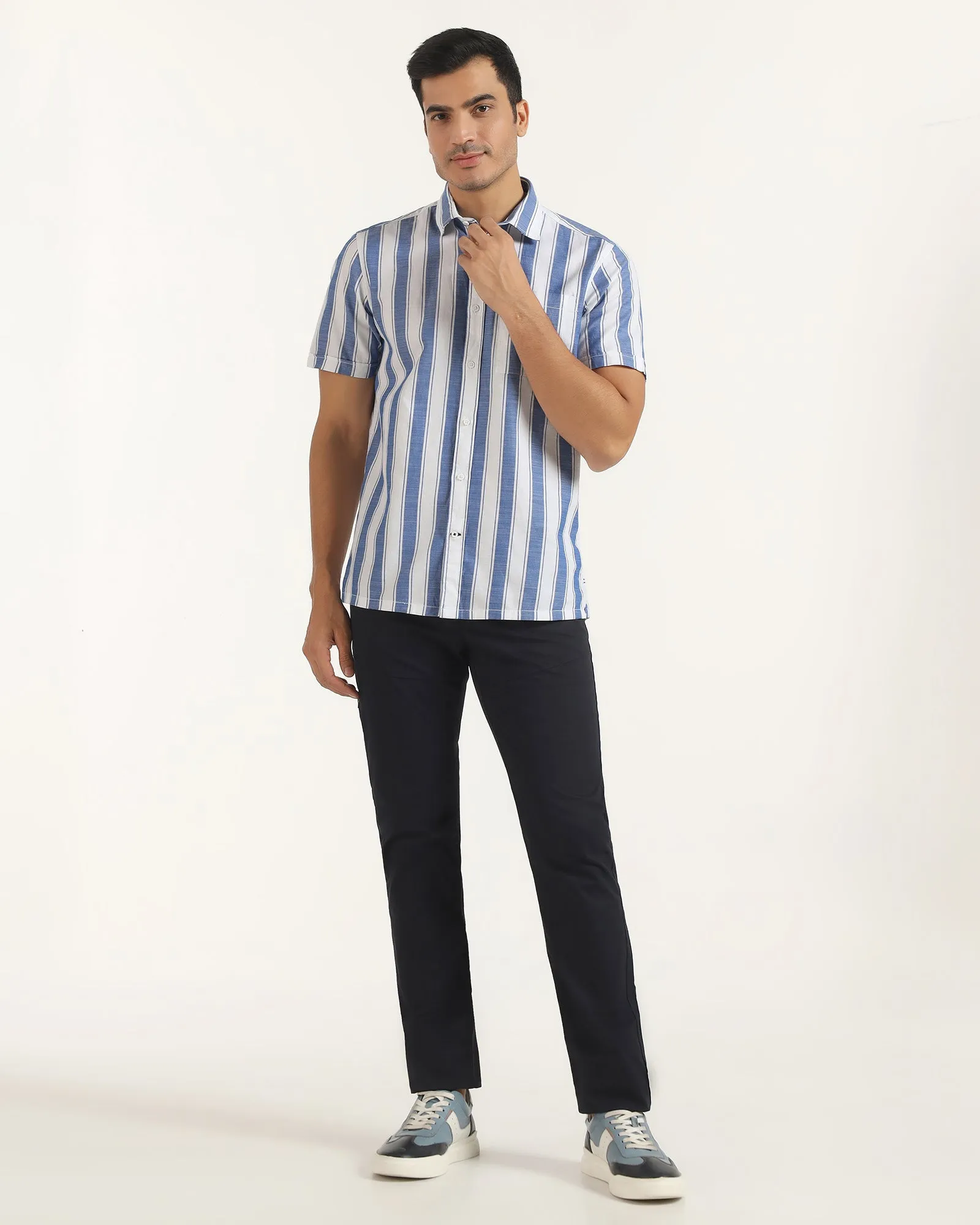 Ribbed Trim Casual Half Sleeve Navy Stripe Shirt - Delmor