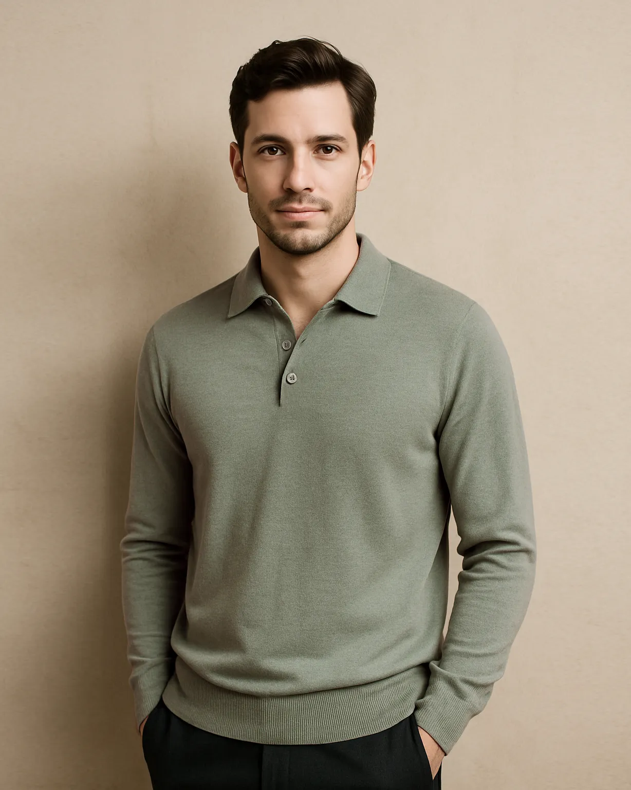 Breathable fabric Trendy Appeal EZS Merino Wool Pale Olive  Long Sleeve Polo