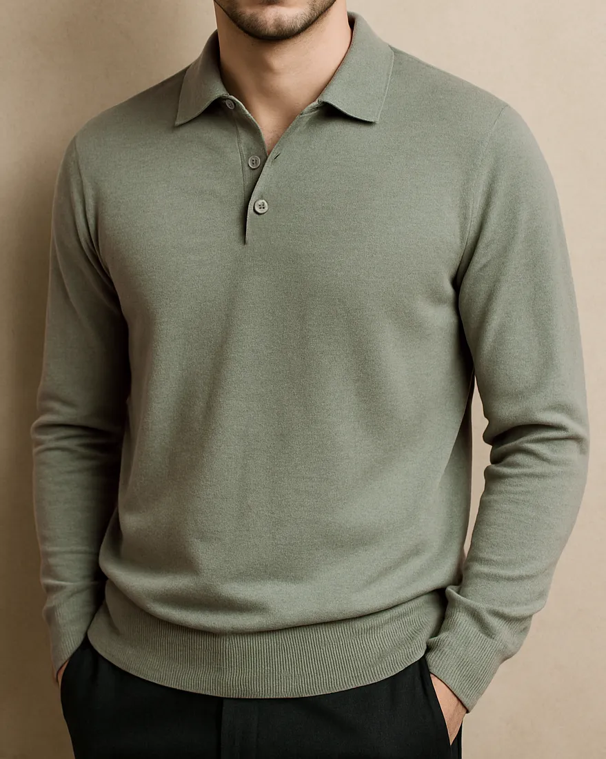 Cool Design EZS Merino Wool Pale Olive  Long Sleeve Polo Weekend Escape Office To Outing