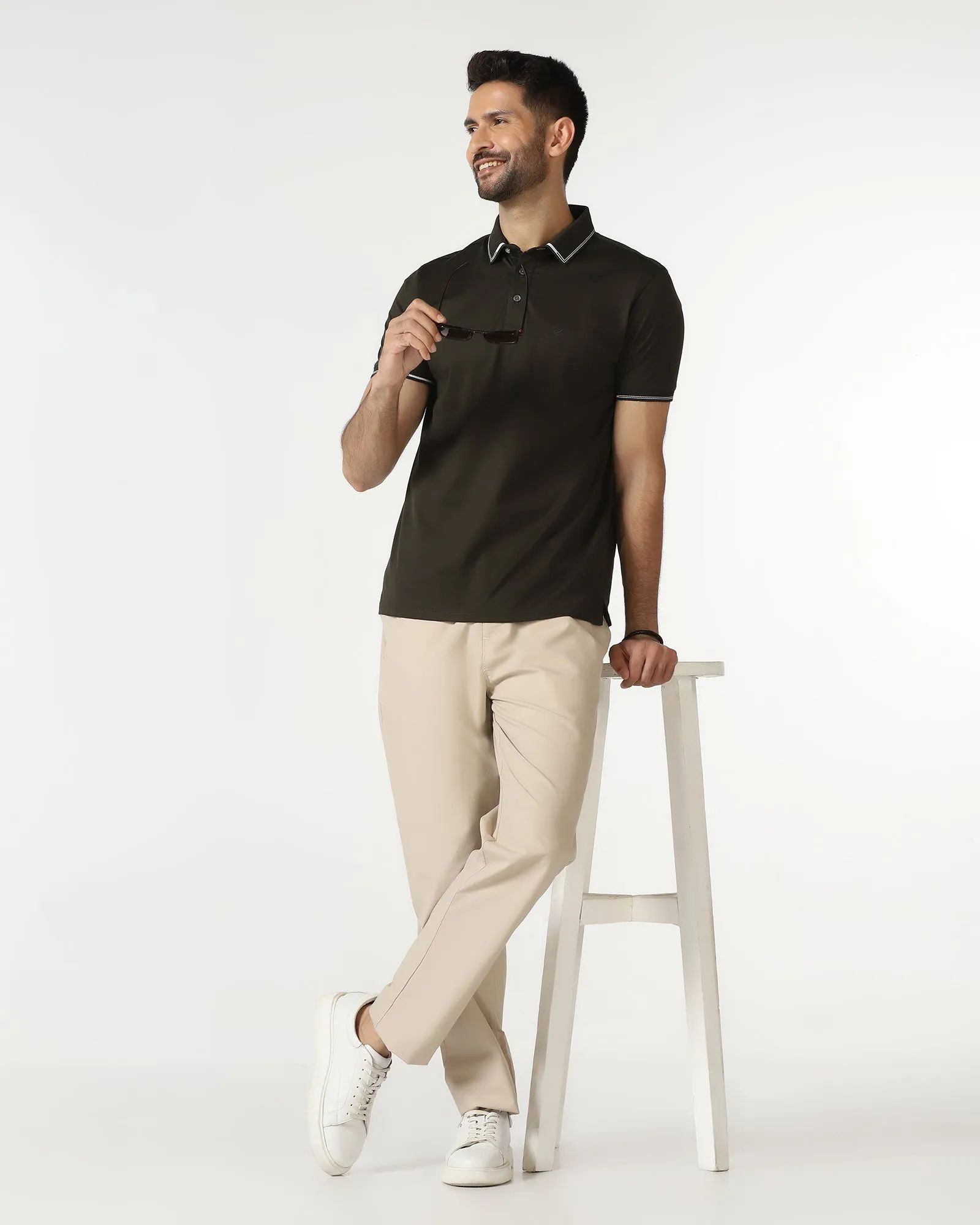 Beige Solid Khakis - Taurus Sophisticated Look