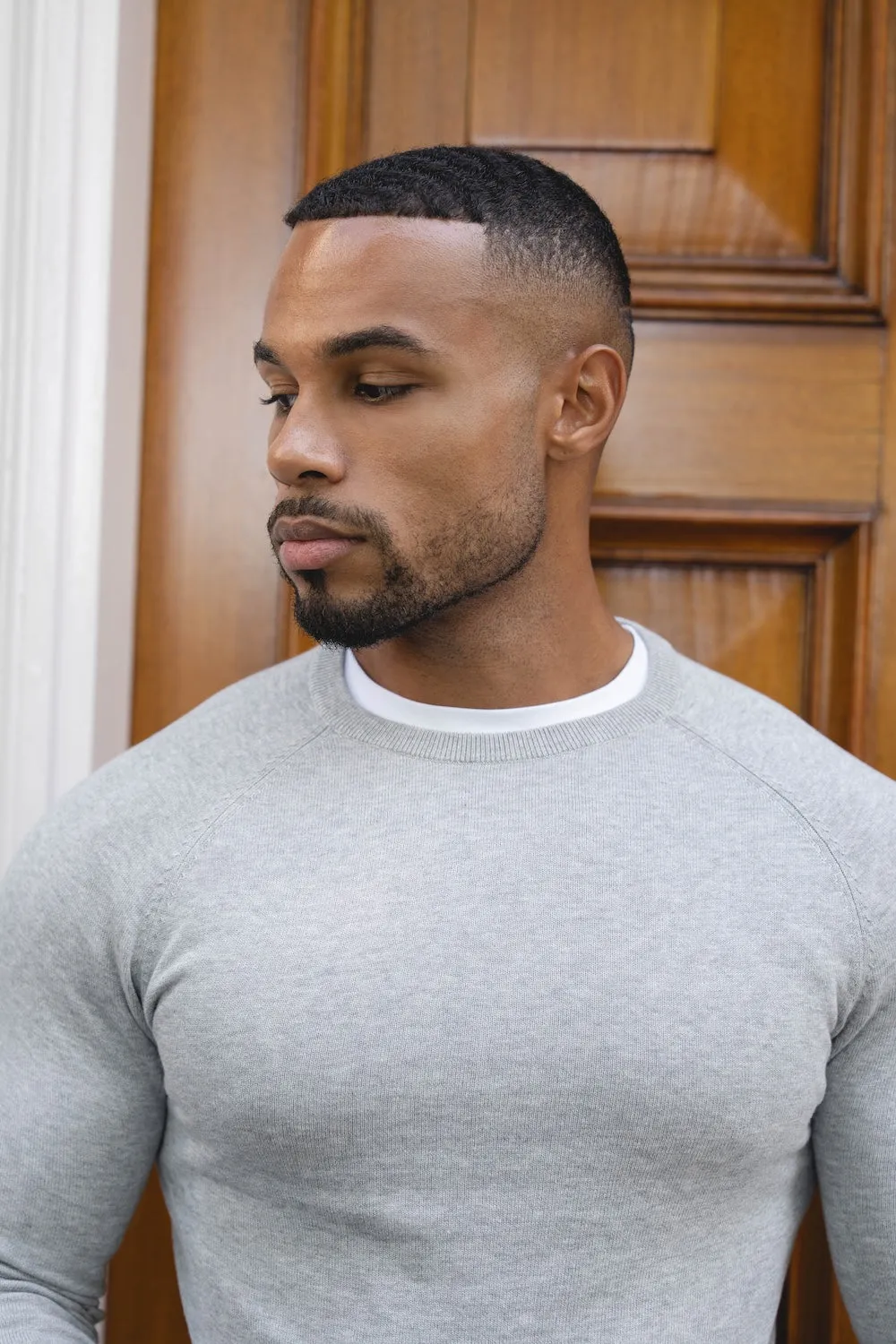 Pure Cotton Knitted Crew Neck Sweater in Silver Grey Marl AntiStaticLining