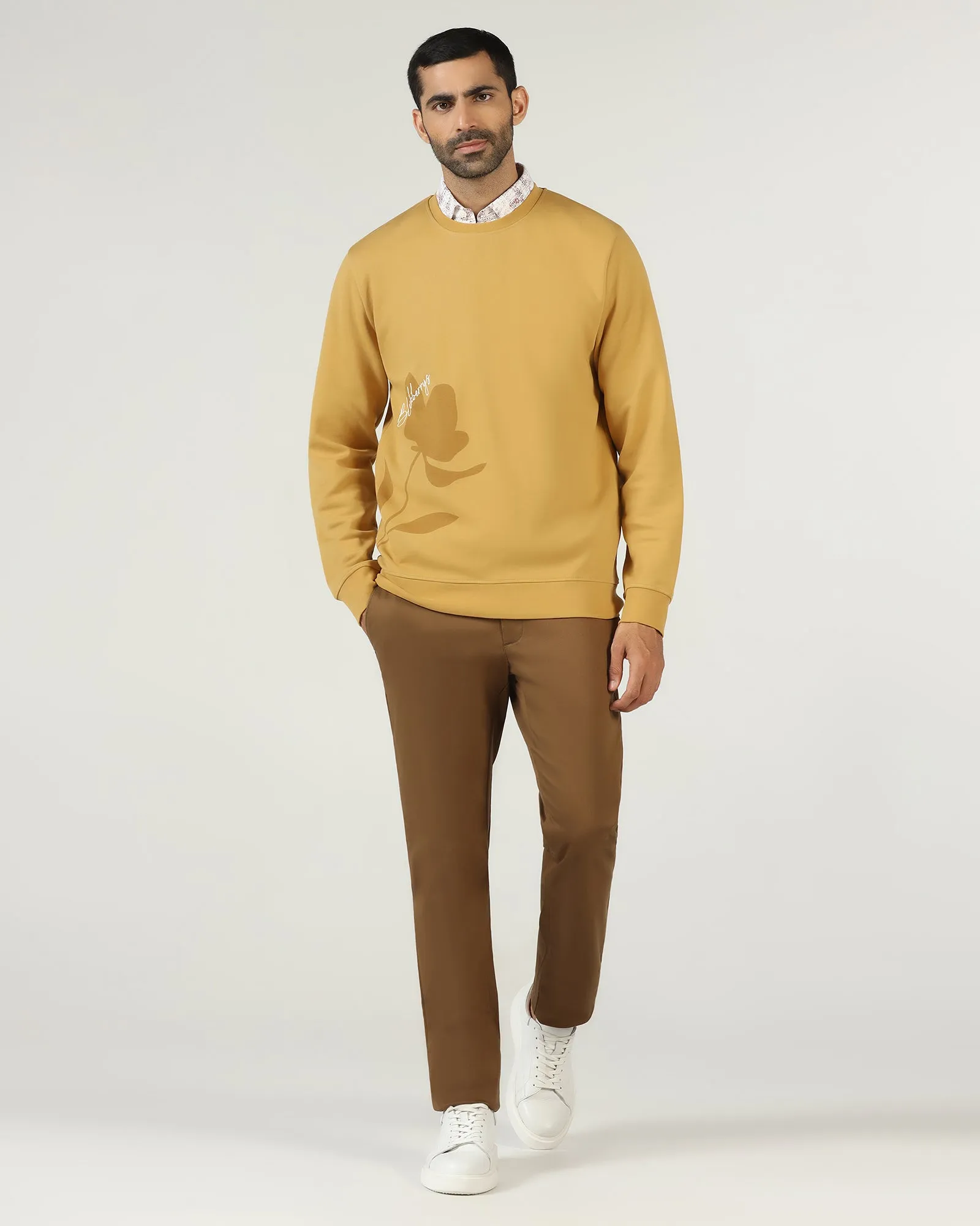 MicroPerforatedTexture Seasonal Style Mustard Crew Neck Solid Sweatshirt - Eve