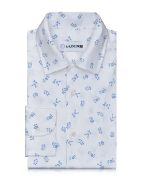 Linen: Pale Blue Printed Leaves On White Trendy Trousers FlexibleElasticity