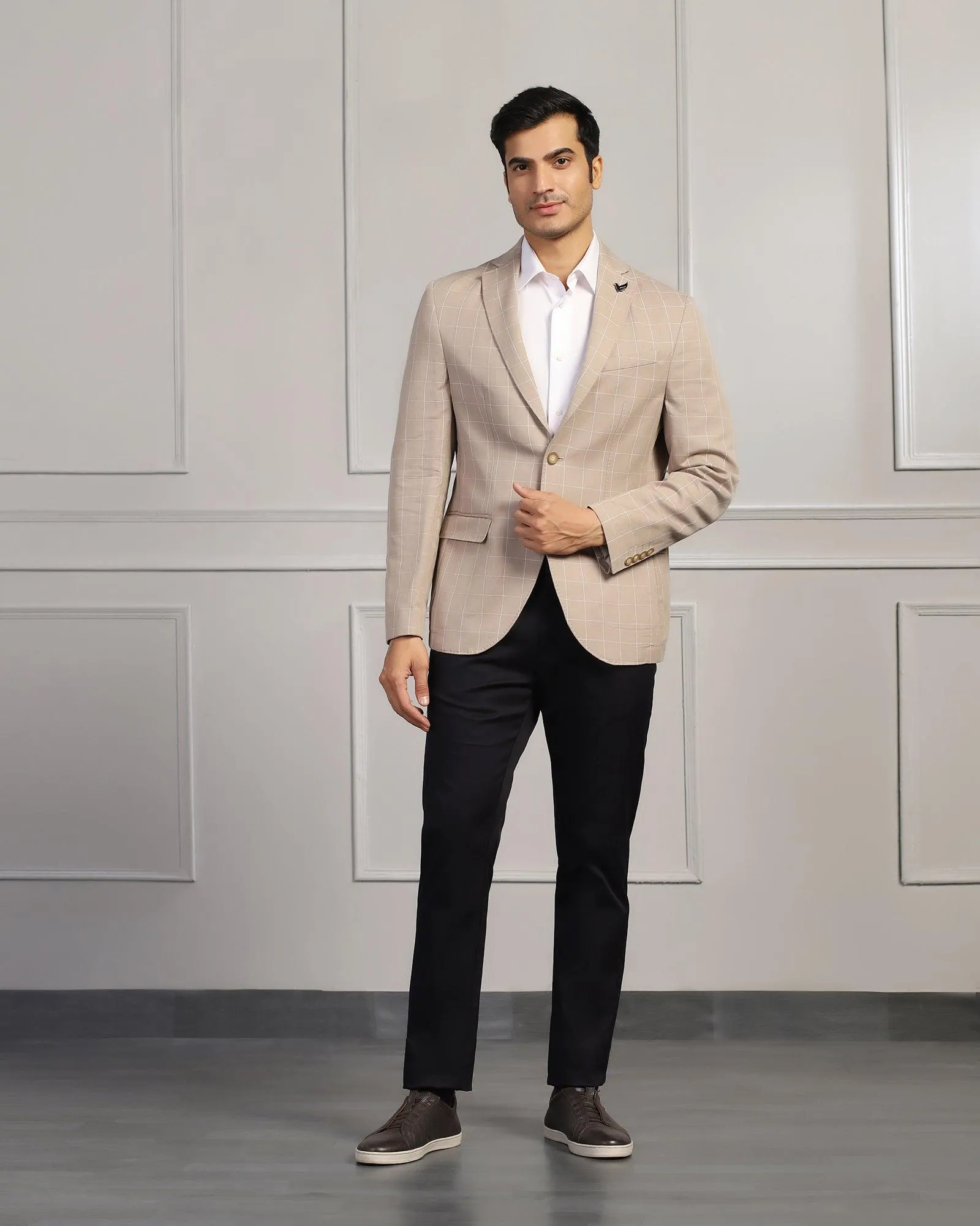 Linen Casual Brown Check Blazer - Timothy Elasticated Waistband