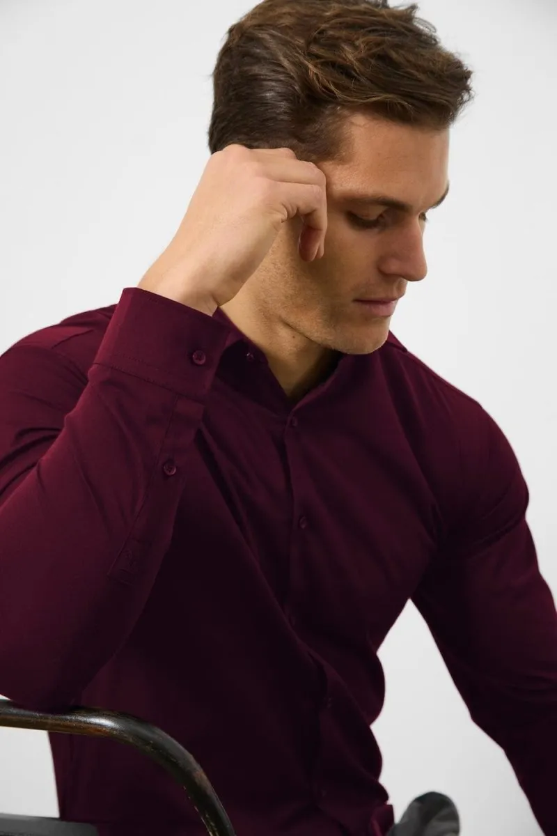 Edgy Fashion Round Collar Athletic Fit Dress Shirt in Burgundy