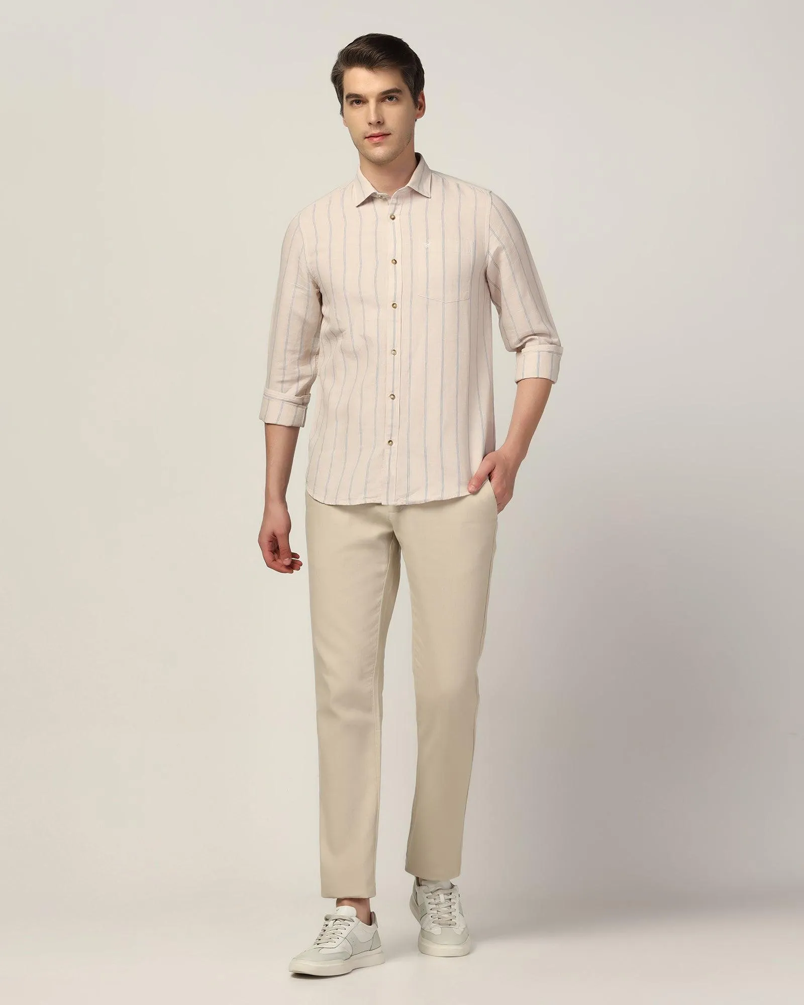 wrinkle free Stylish Element Linen Casual Ecru Stripe Shirt - Henry