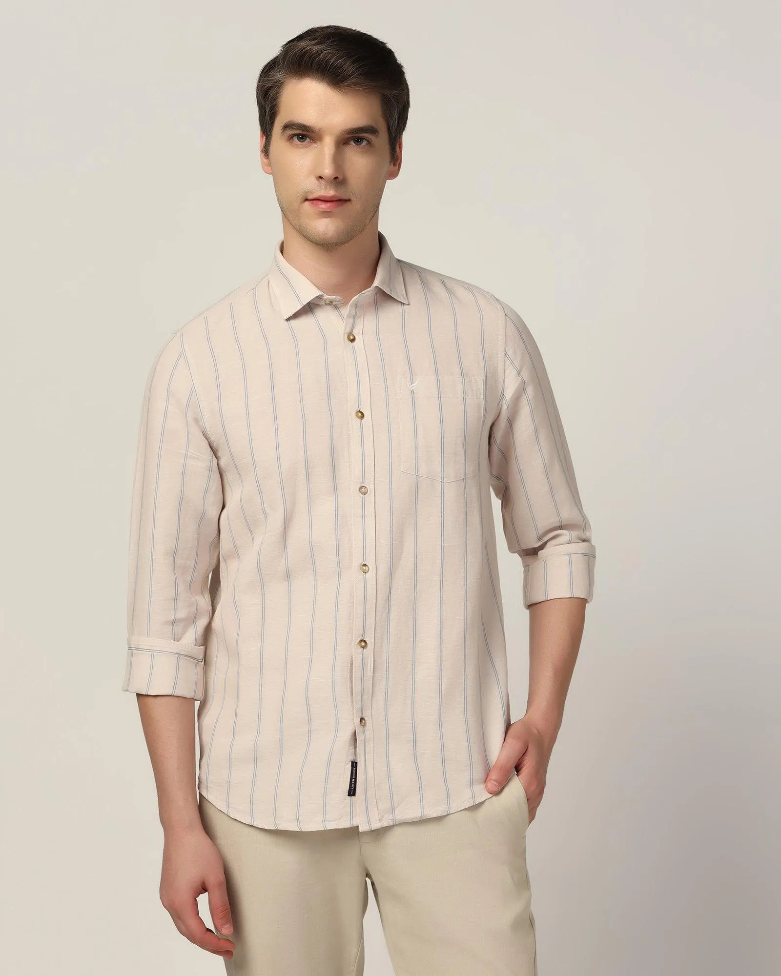 Wrinkle Free Care Elegant Finish Linen Casual Ecru Stripe Shirt - Henry
