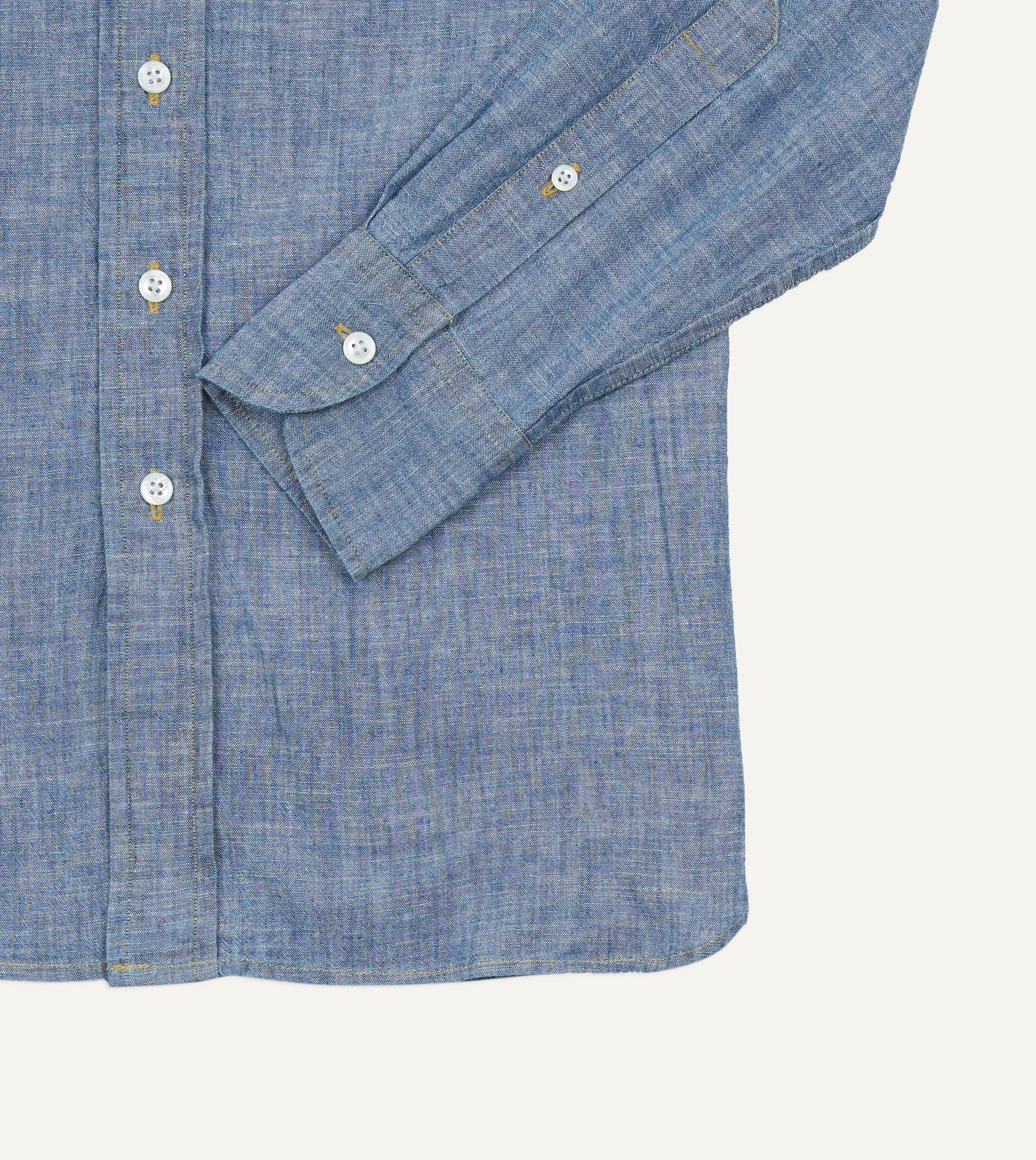 Blue Chambray Long Point Collar Shirt Ergonomic Back Panel Linen blend