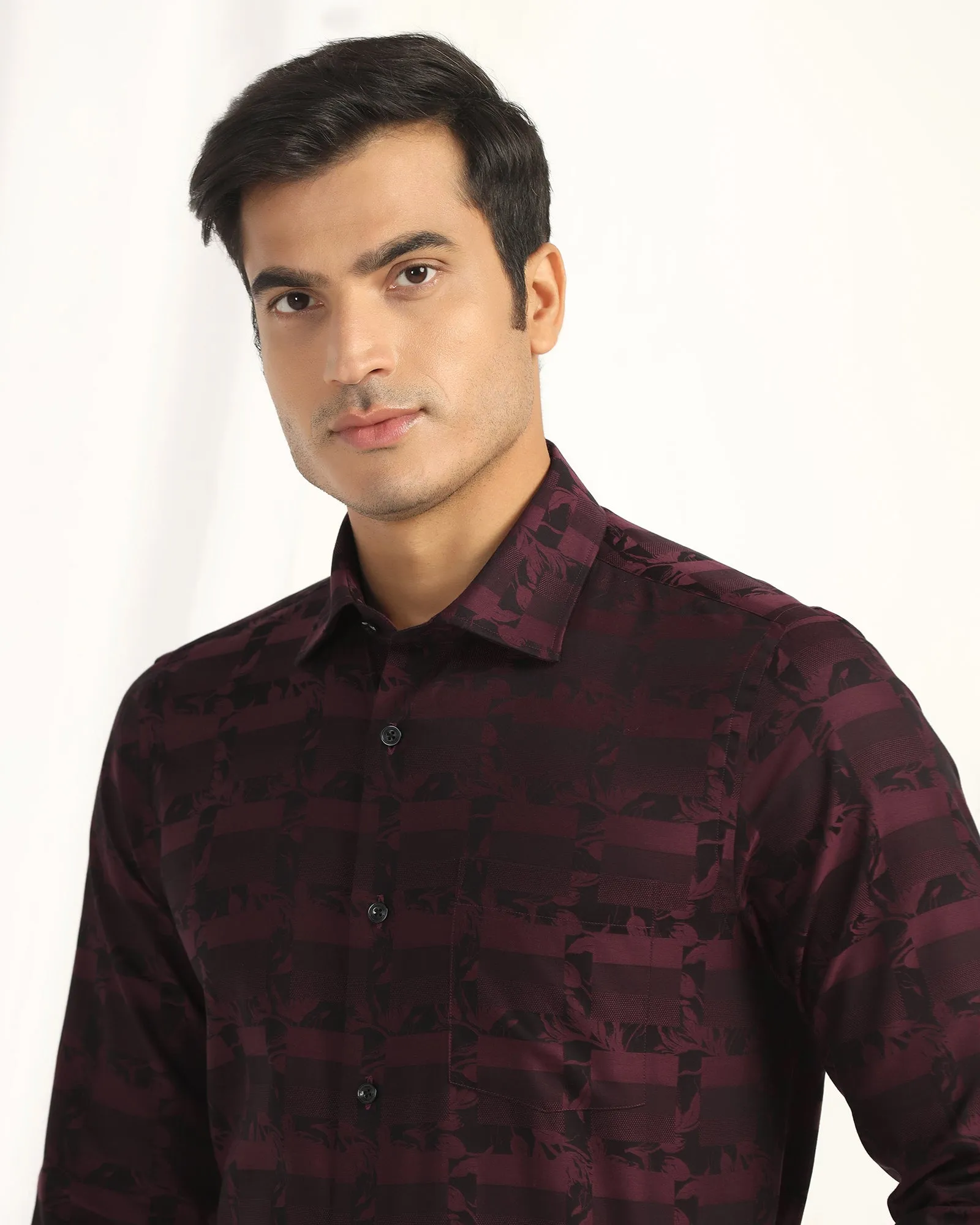 Oversized style Formal Wine Jacquard Shirt - Latin