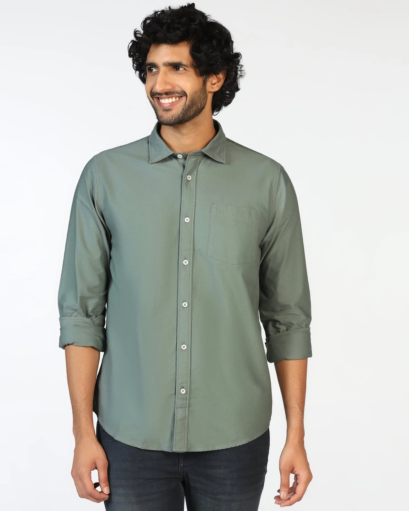 Olive Solid Shirt - Solly Neutral Toned Stitching Casual Sophistication