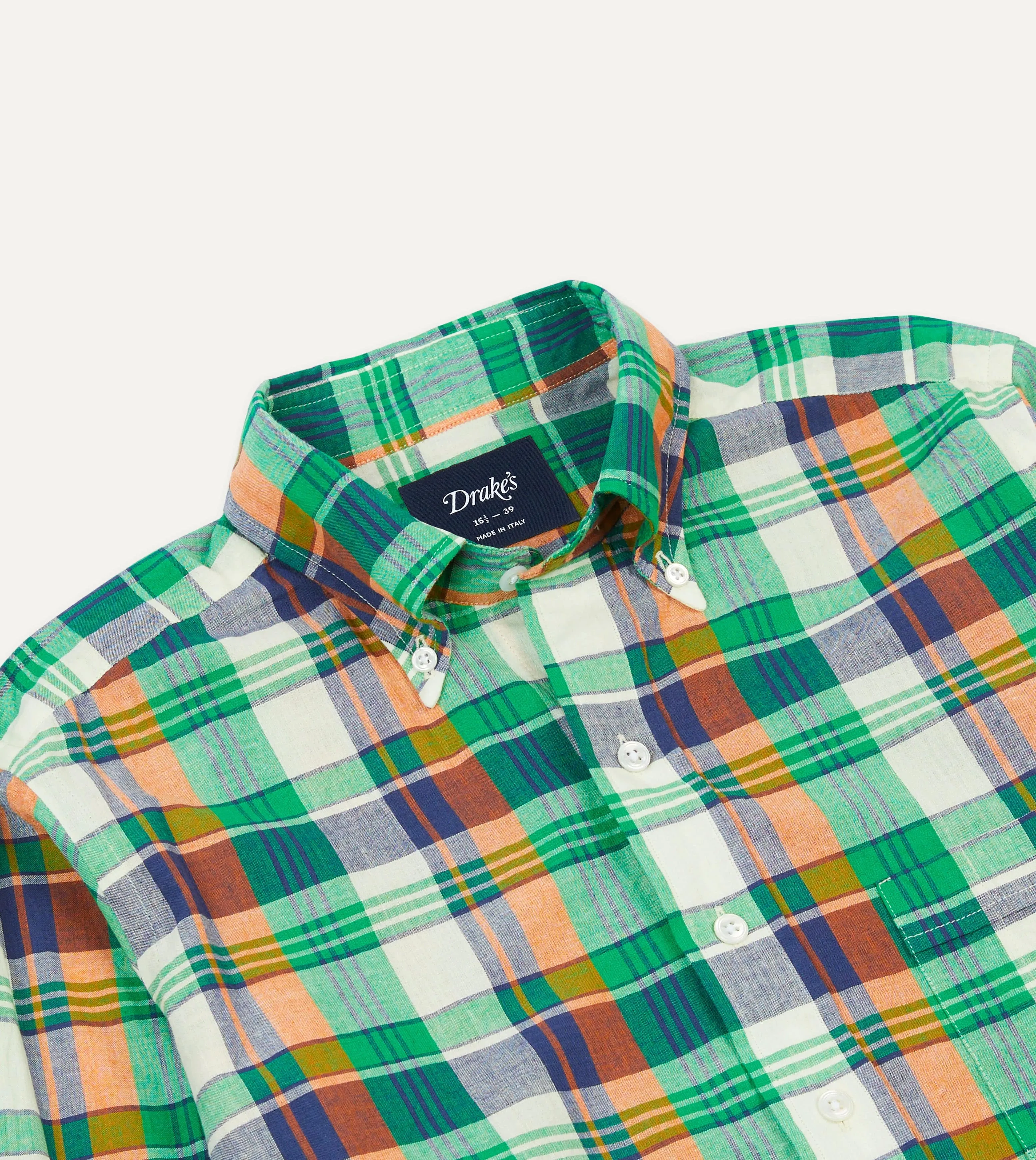 Luxury Feel Warm Layers Green and Orange Madras Check Cotton Button-Down Shirt