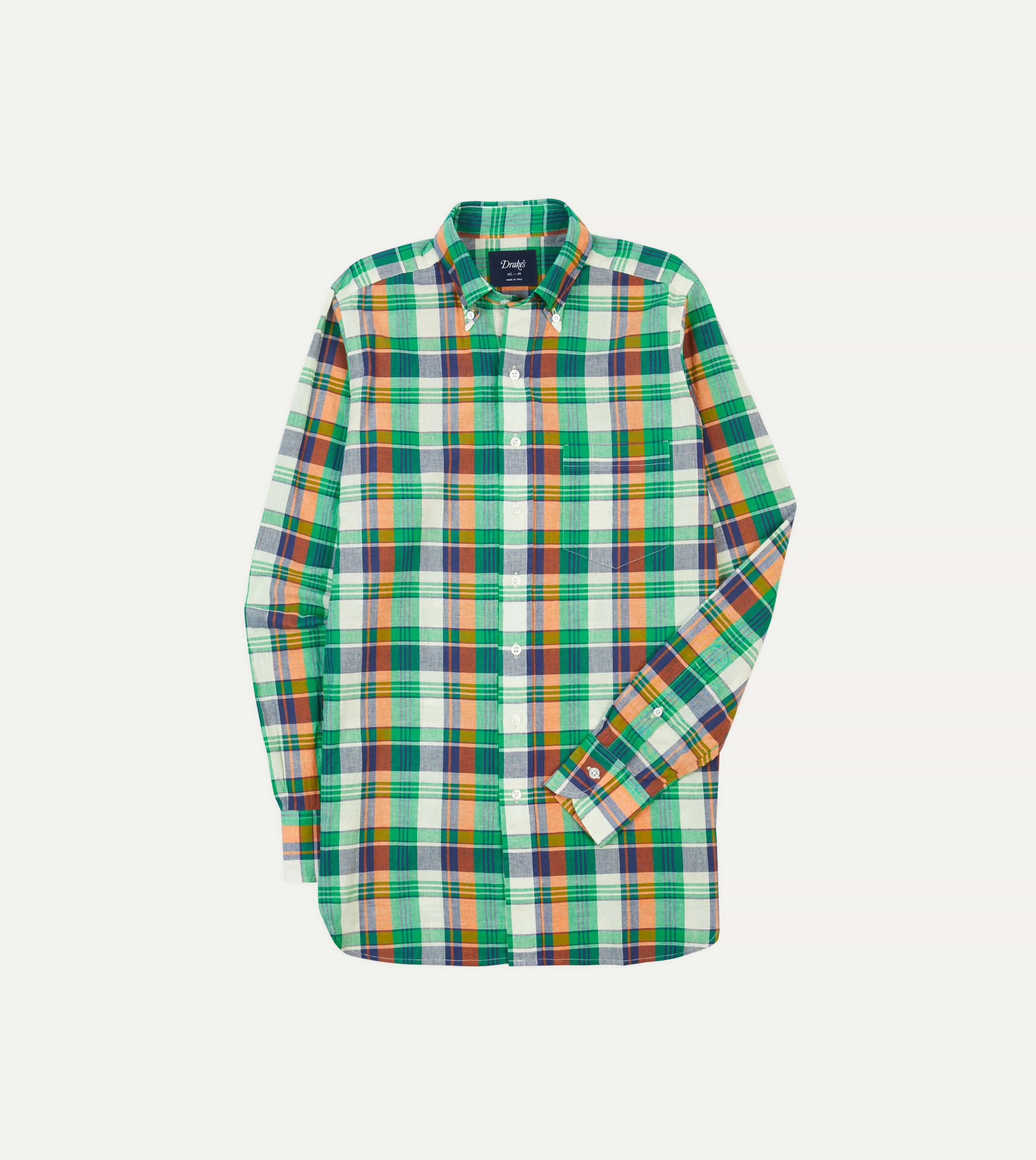 Designer Look Green and Orange Madras Check Cotton Button-Down Shirt