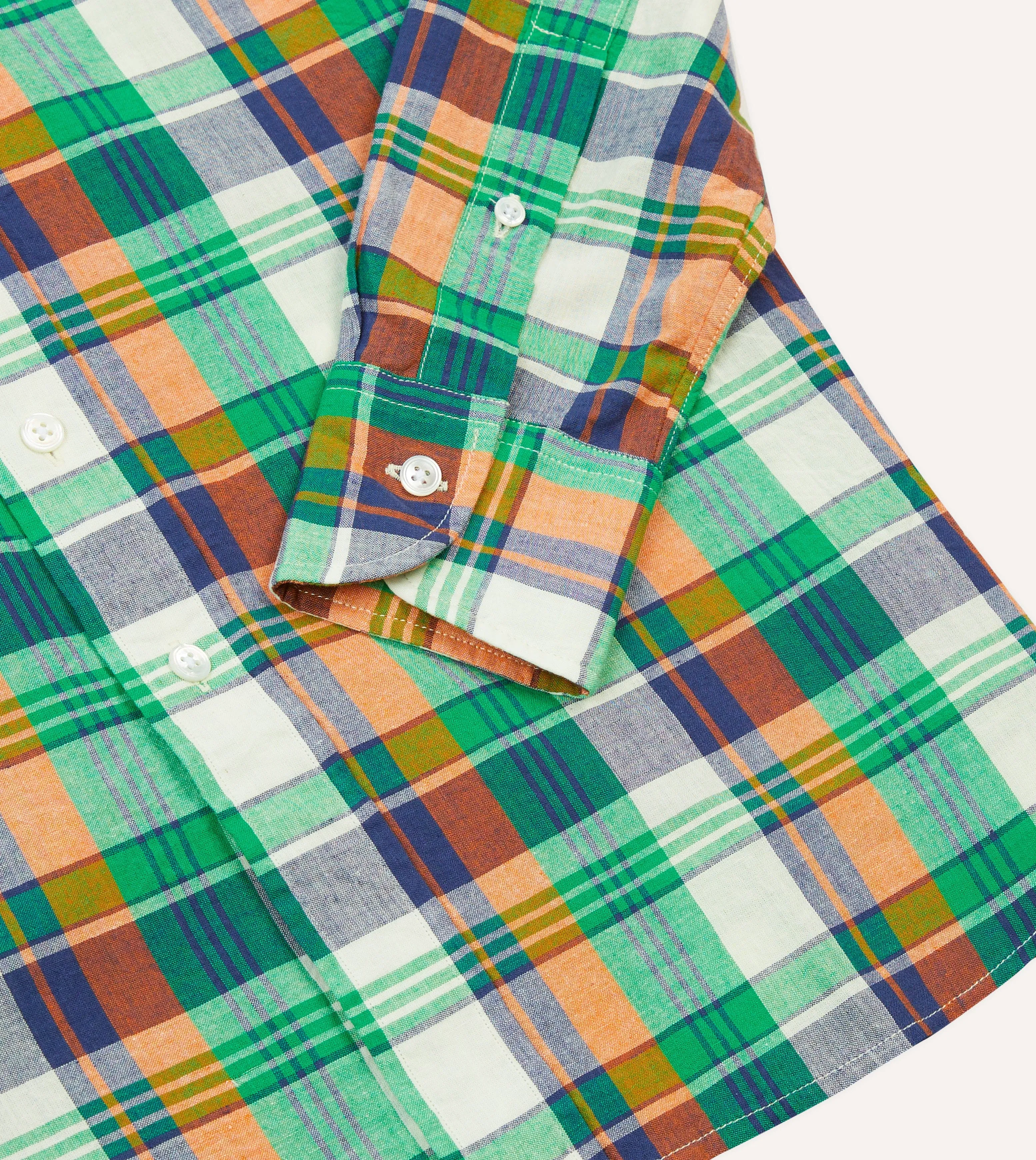 Bold Print Anti Static Lining Green and Orange Madras Check Cotton Button-Down Shirt