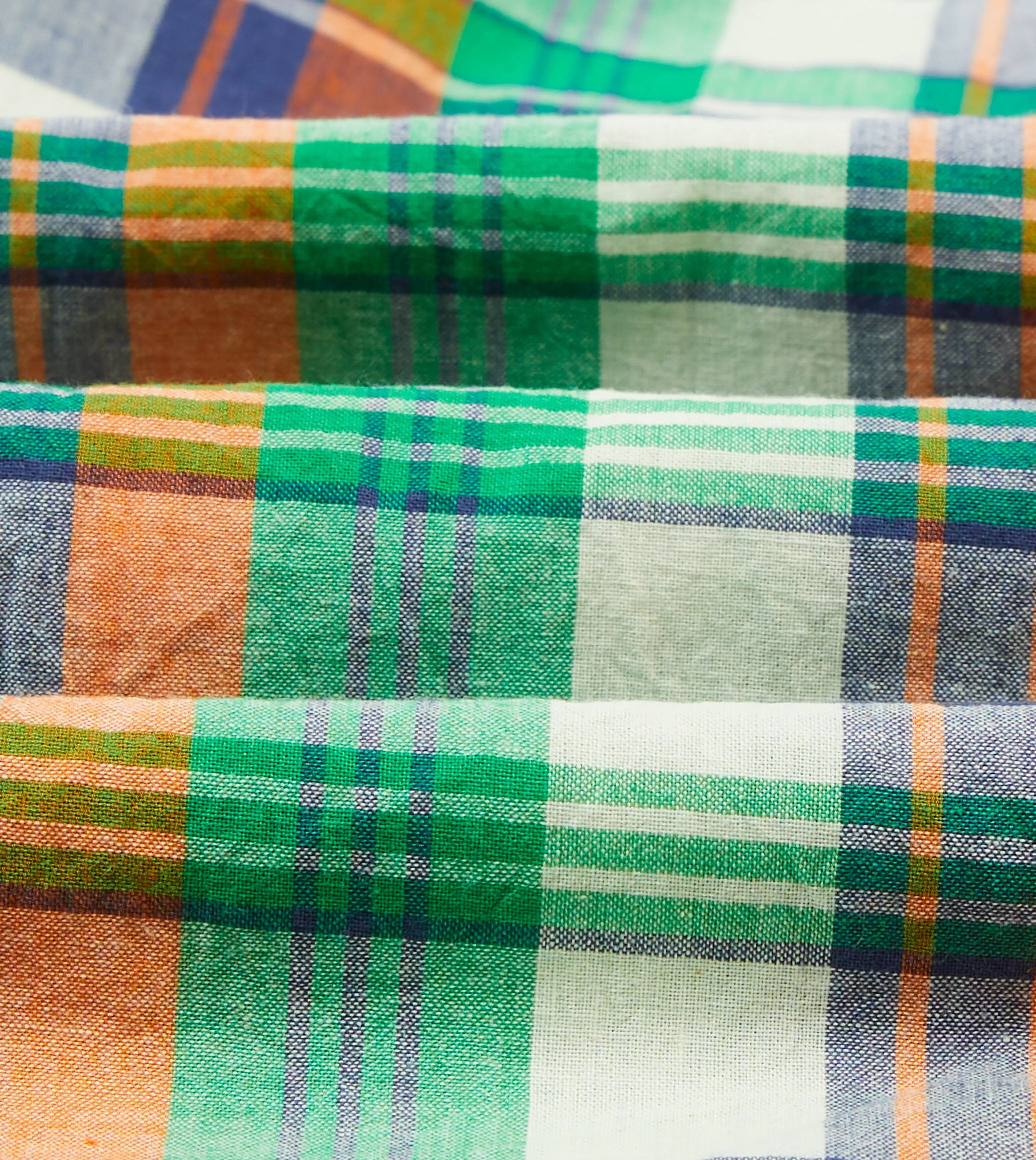 Green and Orange Madras Check Cotton Button-Down Shirt No Slip Shoulder Grips All-Weather Ready