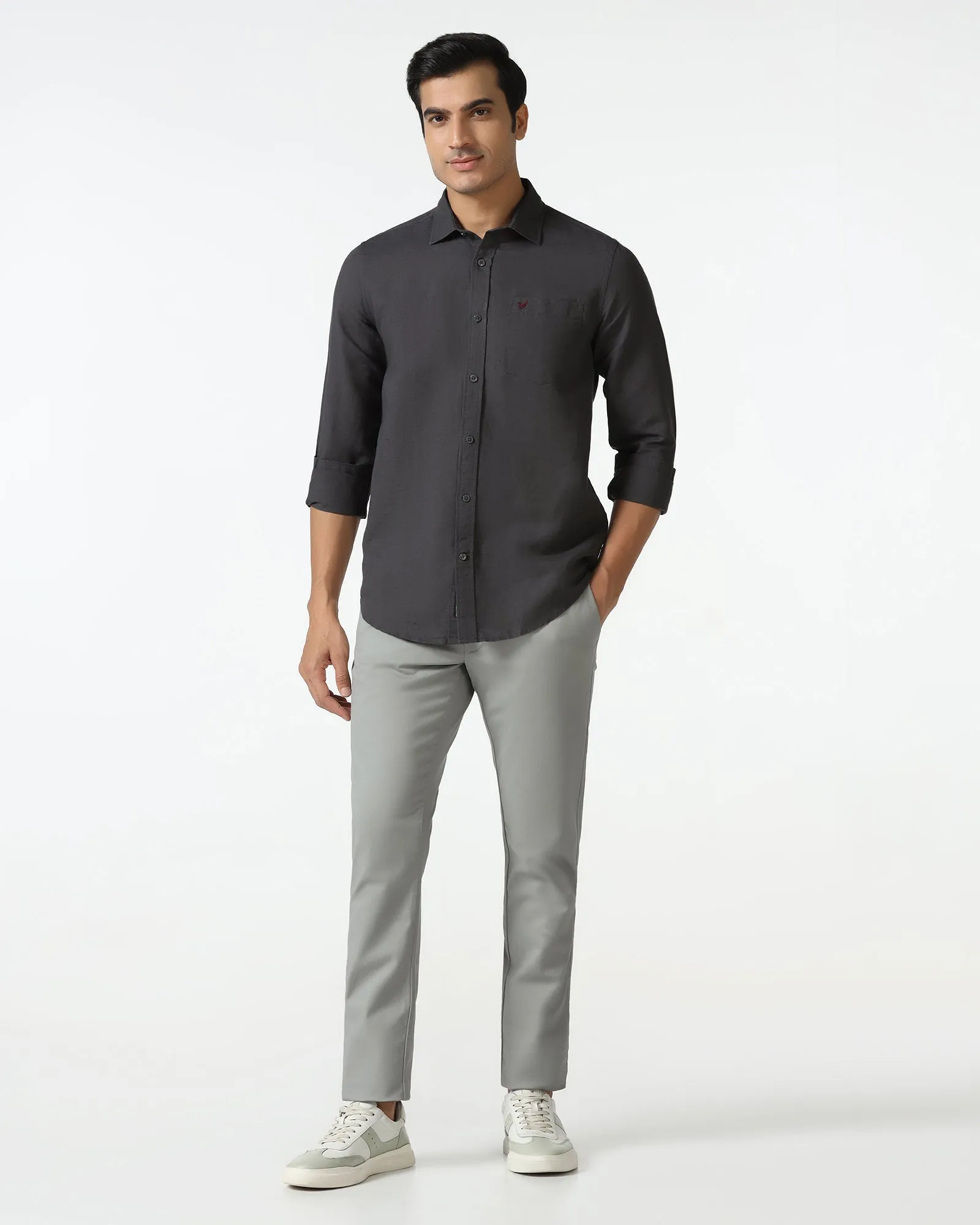 Wrinkle Free Care Dark Grey Linen Solid Shirt - Salmon